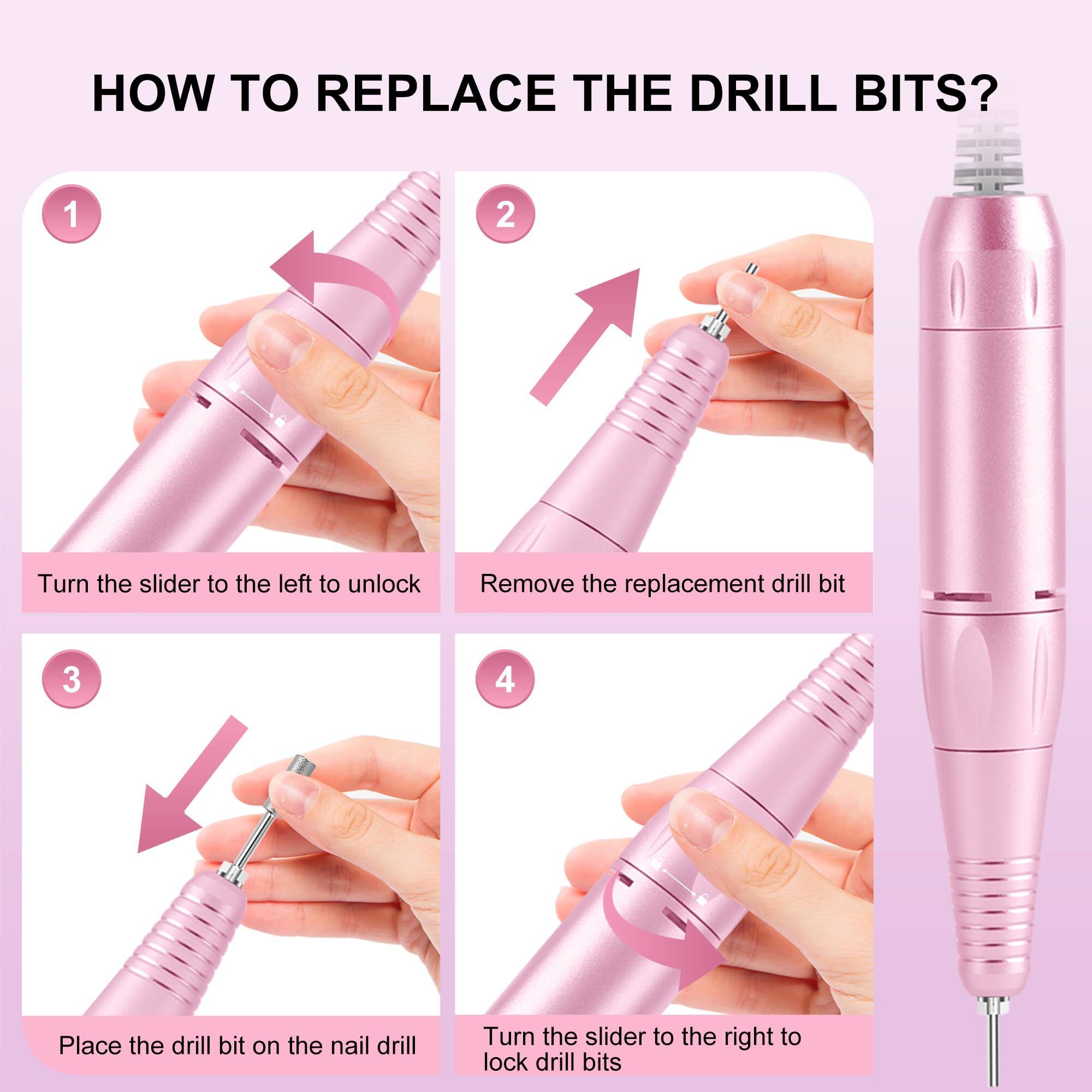 Sure, here is the corrected and grouped text:

---

**HOW TO REPLACE THE DRILL BITS?**

1. Turn the slider to the left to unlock
2. Remove the replacement drill bit
3. Place the drill bit on the nail drill
4. Turn the slider to the right to lock drill bits

---