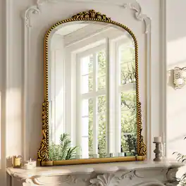 Easly - Antique 24 in. W x 32 in. H Carved Arched PU Frame Vanity Wall Mirror - Gold