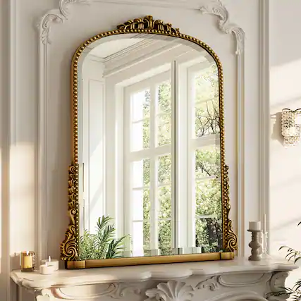Front. Easly - Antique Gold 24 in. W x 32 in. H Carved Arched PU Frame Vanity Wall Mirror - Gold.