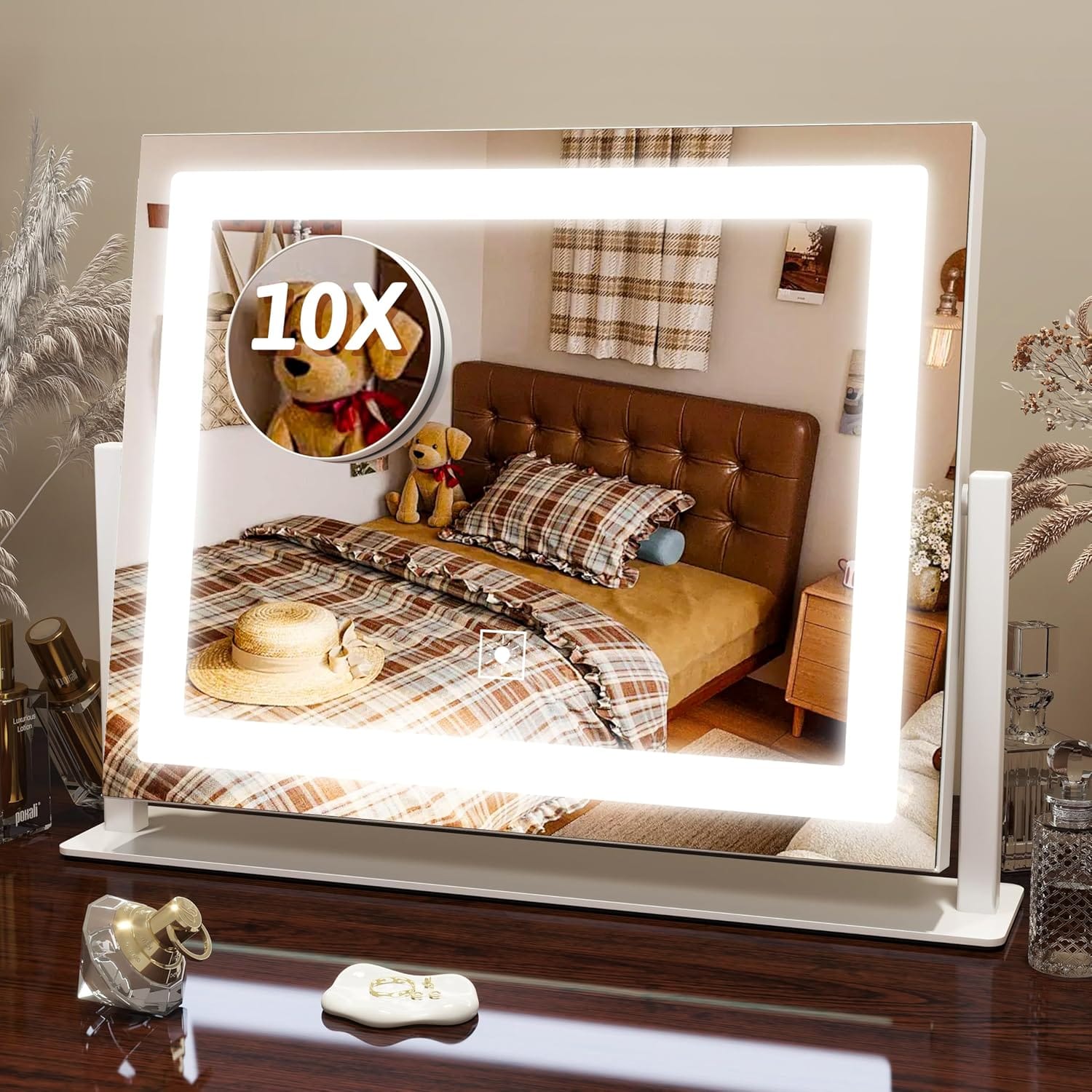 Stamp n Camp - FENNIO Vanity Mirror with Lights 22''x17'' Makeup Lights,Vanity Touch Screen 3-Color Lighting,Dimmable,for Desk - White-14"L x 12"W