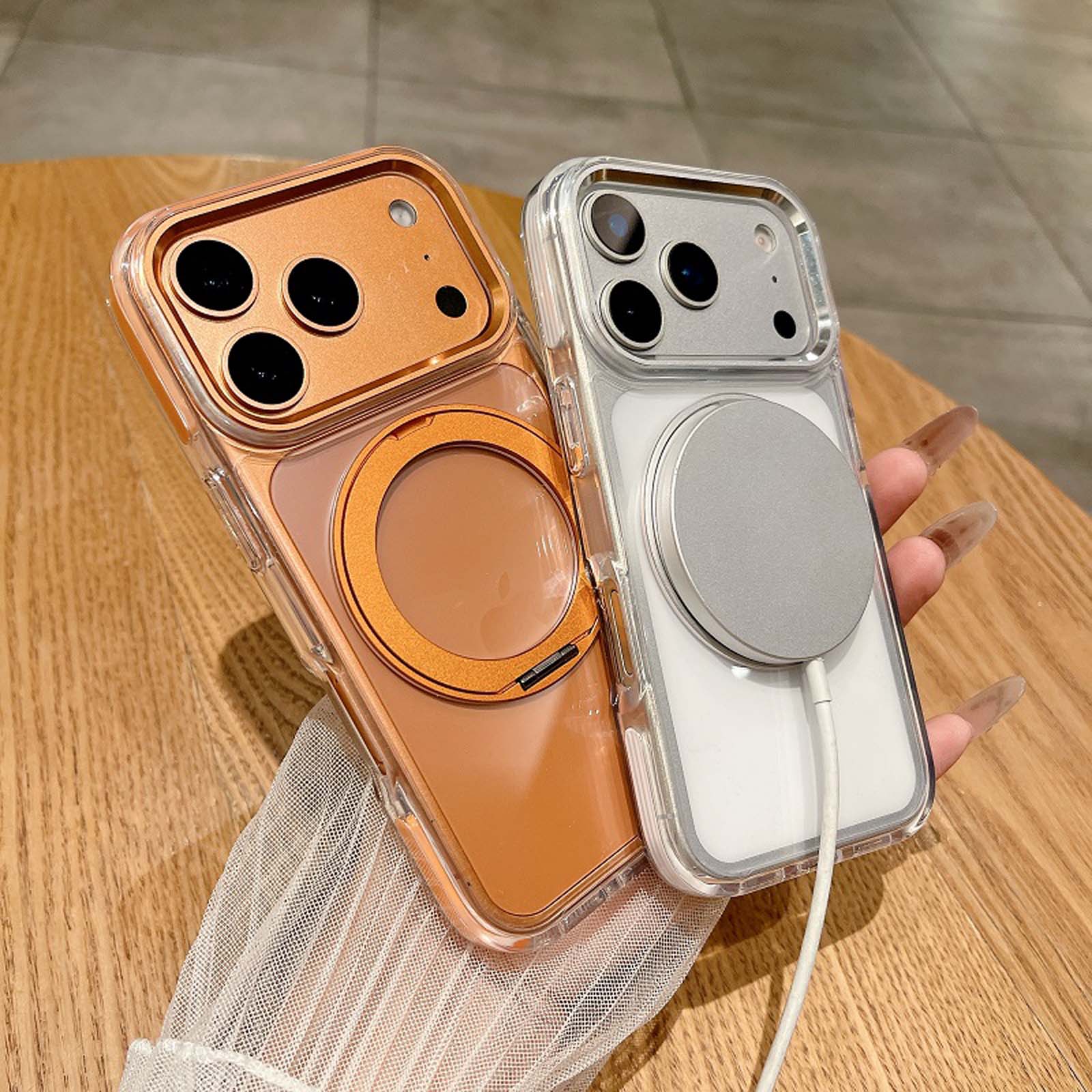 Left. Dteck - Clear Magnetic Case for Apple iPhone 17 Pro Max,with 360° Rotating Kickstand Slim Shockproof Cover,PC+TPU Hybrid Shell - Black.