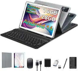 Qukenk - Android 14 10 Inch Tablet with 14GB RAM, 128GB ROM, 1TB, 7000mAh Battery, Bluetooth/Mouse/Case - Gray
