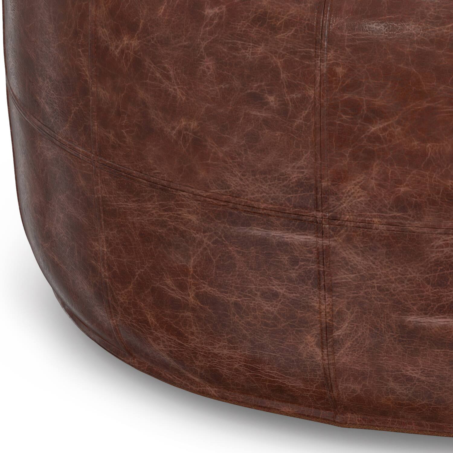 Alt View 5. Simpli Home - Simpli Home Connor 34 inch Wide Round Coffee Table Pouf in Distressed Brown Genuine Leather - Distressed Brown.