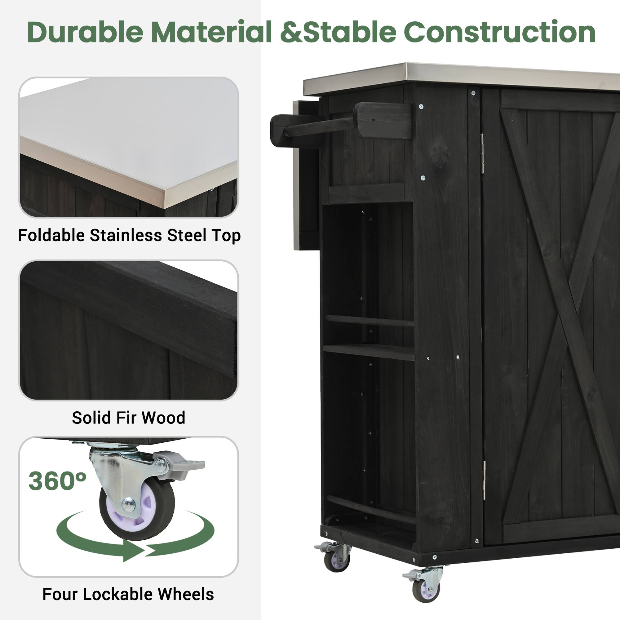 Durable Material & Stable Construction

- Foldable Stainless Steel Top
- Solid Fir Wood
- 360° Four Lockable Wheels
