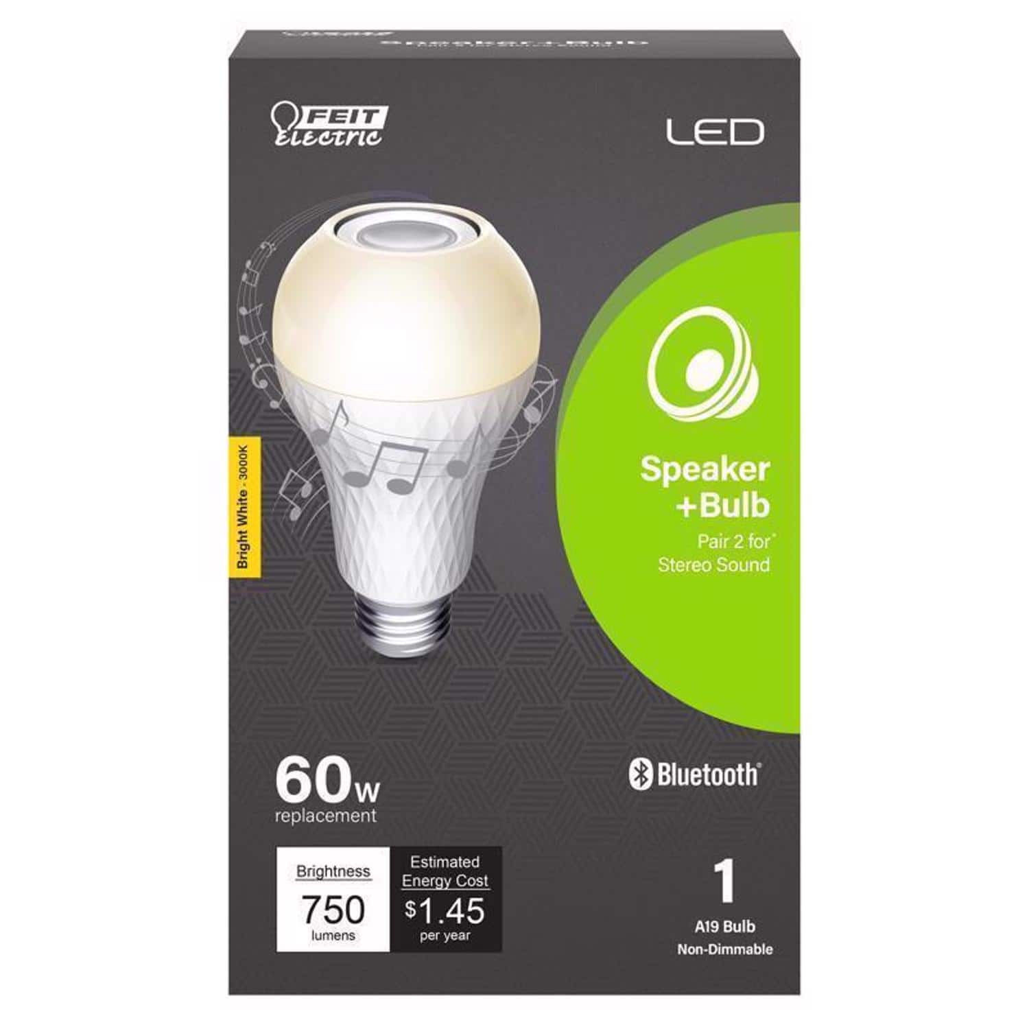 FEIT ELECTRIC - Feit A19 E26 (Medium) LED Speaker Bulb Bright White 60 Watt Equivalence 1 pk