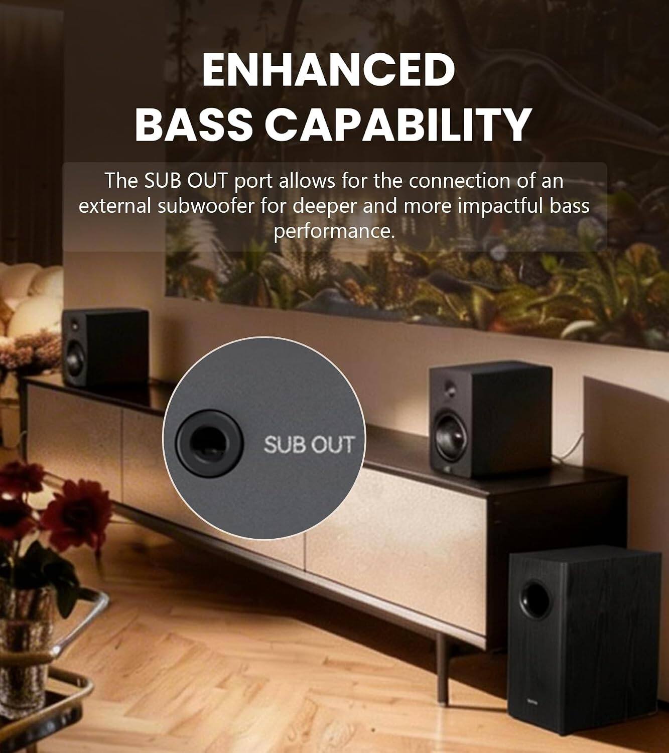 ENHANCED BASS CAPABILITY

The SUB OUT port allows for the connection of an external subwoofer for deeper and more impactful bass performance.