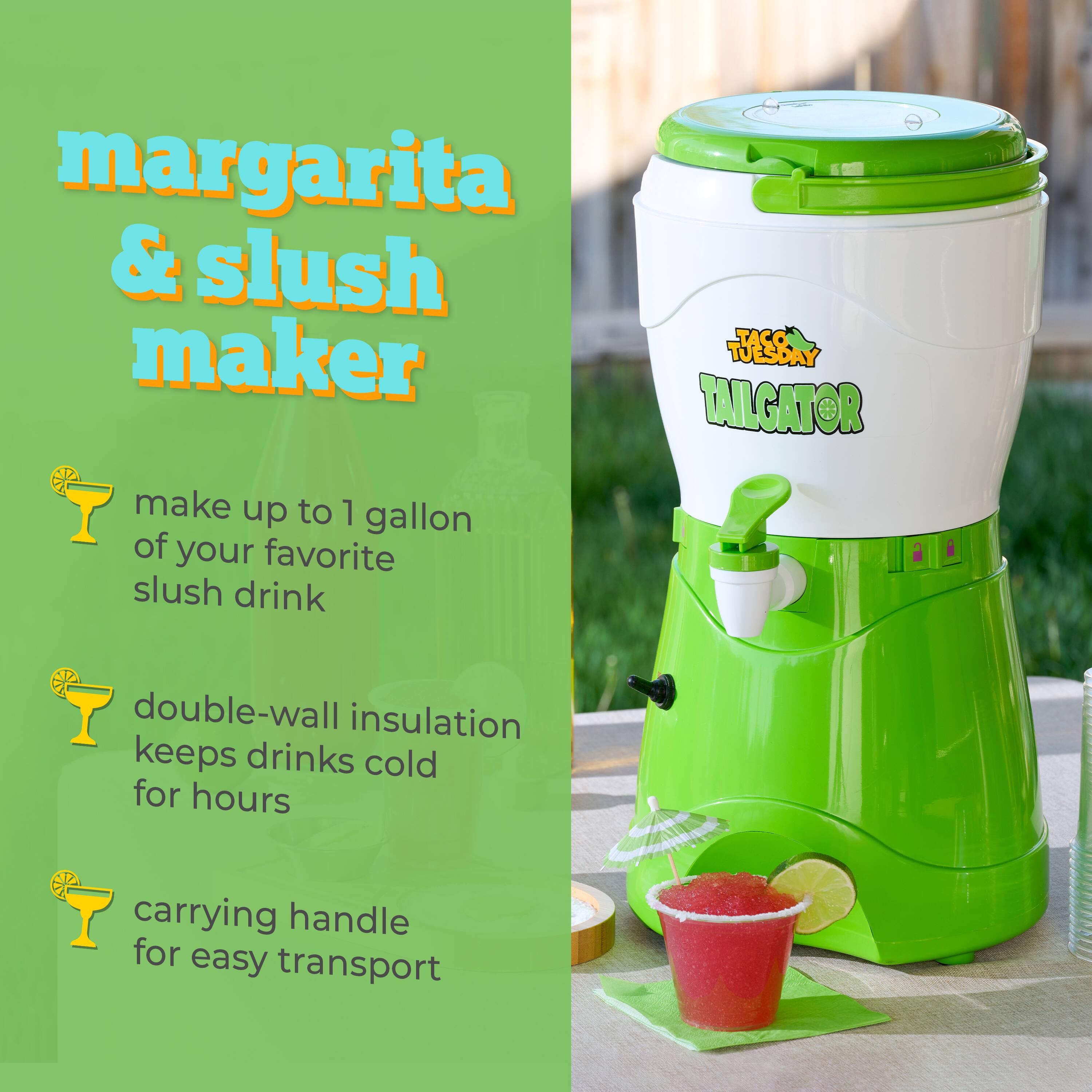 margarita & slush maker

make up to 1 gallon of your favorite slush drink

double-wall insulation keeps drinks cold for hours

carrying handle for easy transport