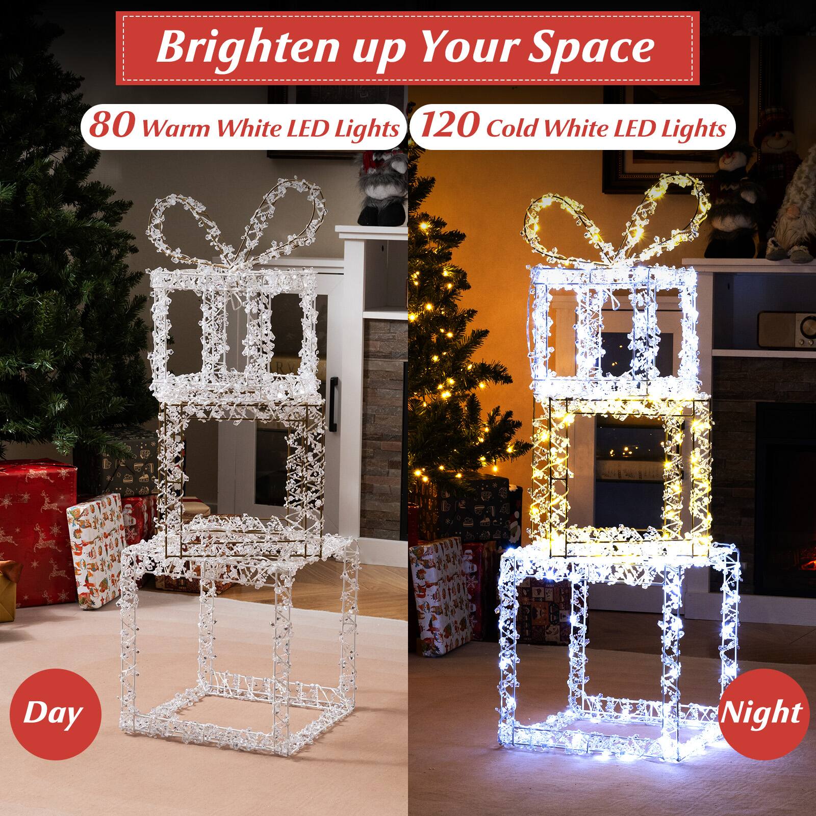 Brighten up Your Space

80 Warm White LED Lights

120 Cold White LED Lights

Day

Night