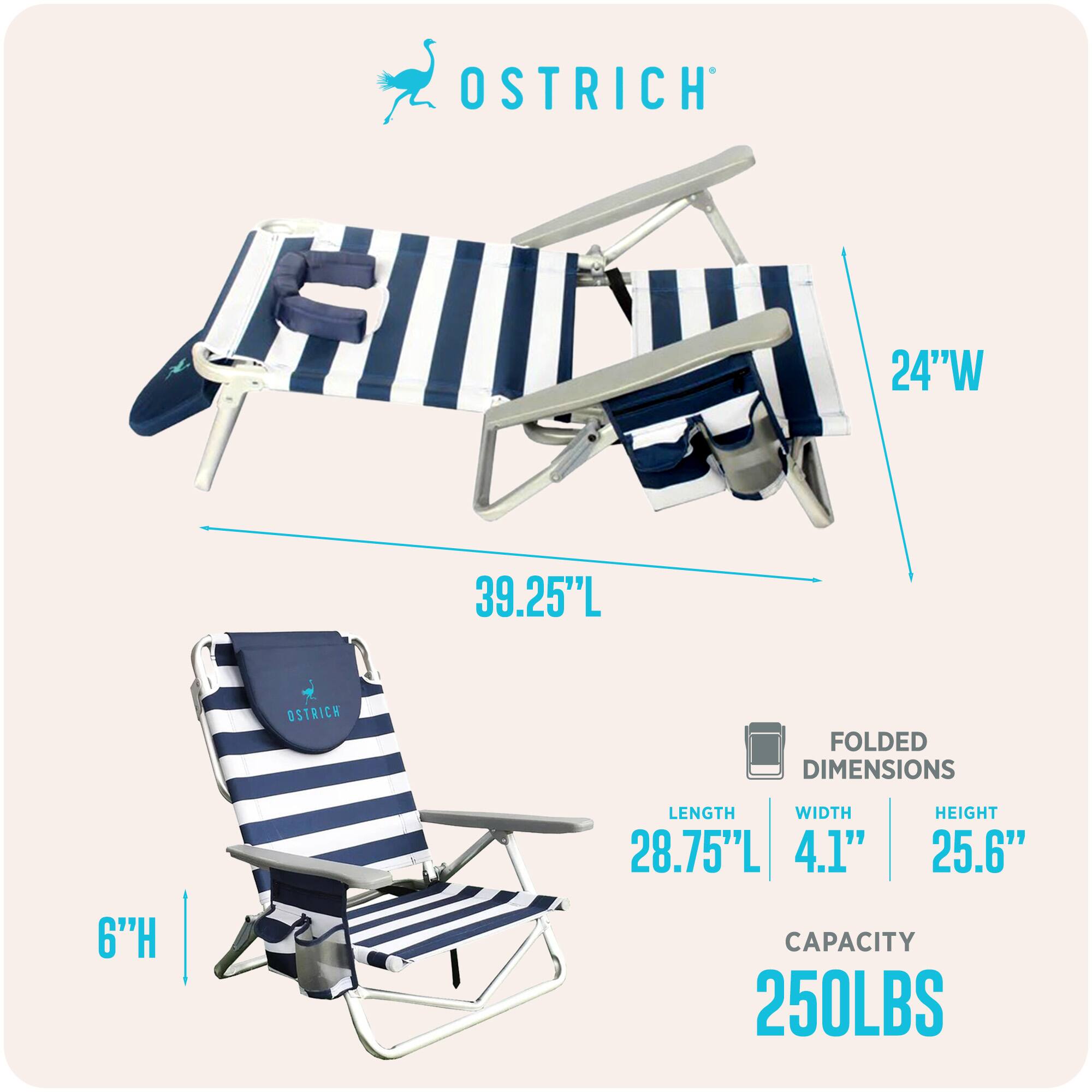 OSTRICH  
24"W 39.25"L  
OSTRICH FOLDED DIMENSIONS  
6"H  
LENGTH: 28.75"L  
WIDTH: 4.1"  
HEIGHT: 25.6"  
CAPACITY: 250LBS