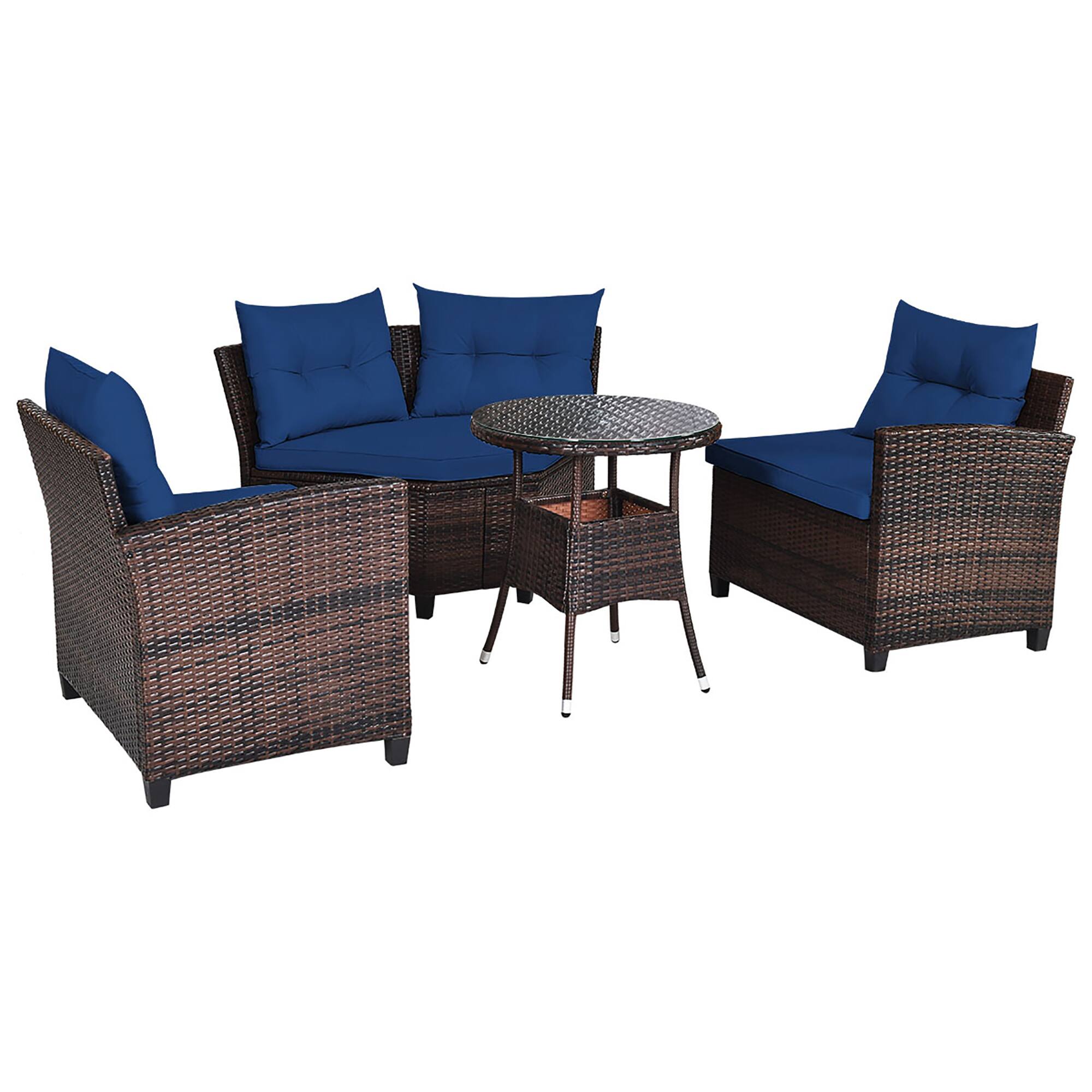 Back. Costway - 4PCS Outdoor Patio Rattan Furniture Set Cushioned Sofa Table - Dark Brown/Navy.
