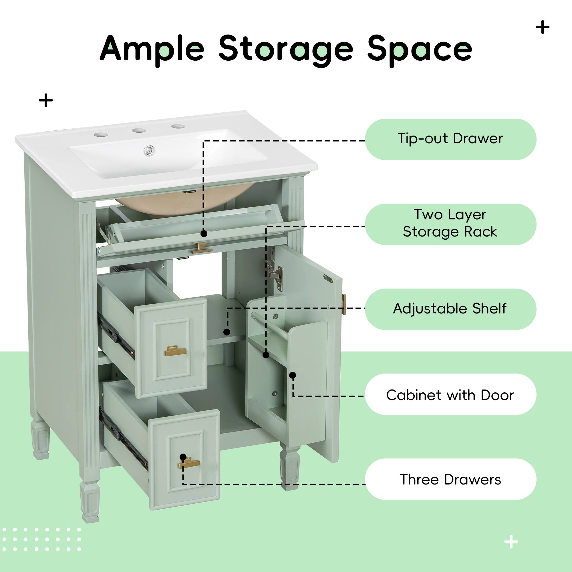 Ample Storage Space + Tip-out Drawer Two Layer Storage Rack Adjustable Shelf Cabinet with Door Three Drawers