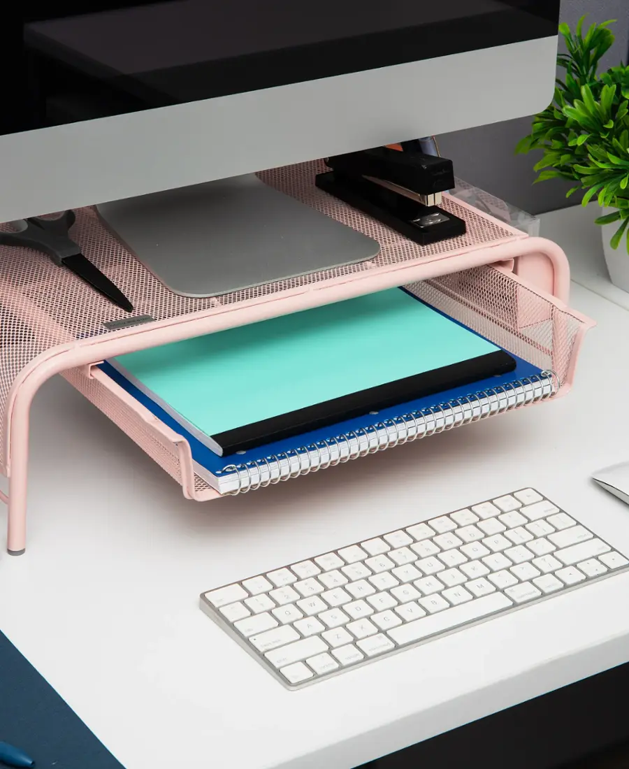 Alt View 13. Mind Reader - Monitor Stand, Ventilated Laptop Riser, Paper Tray, Storage, Office, Metal Mesh, 20"L x 11.5"W x 5.5"H - Pink.