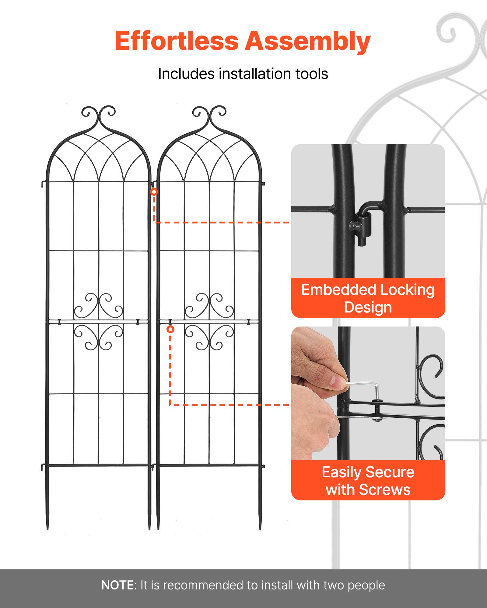 Effortless Assembly  
Includes installation tools  

Embedded Locking Design  

Easily Secure with Screws  

NOTE: It is recommended to install with two people