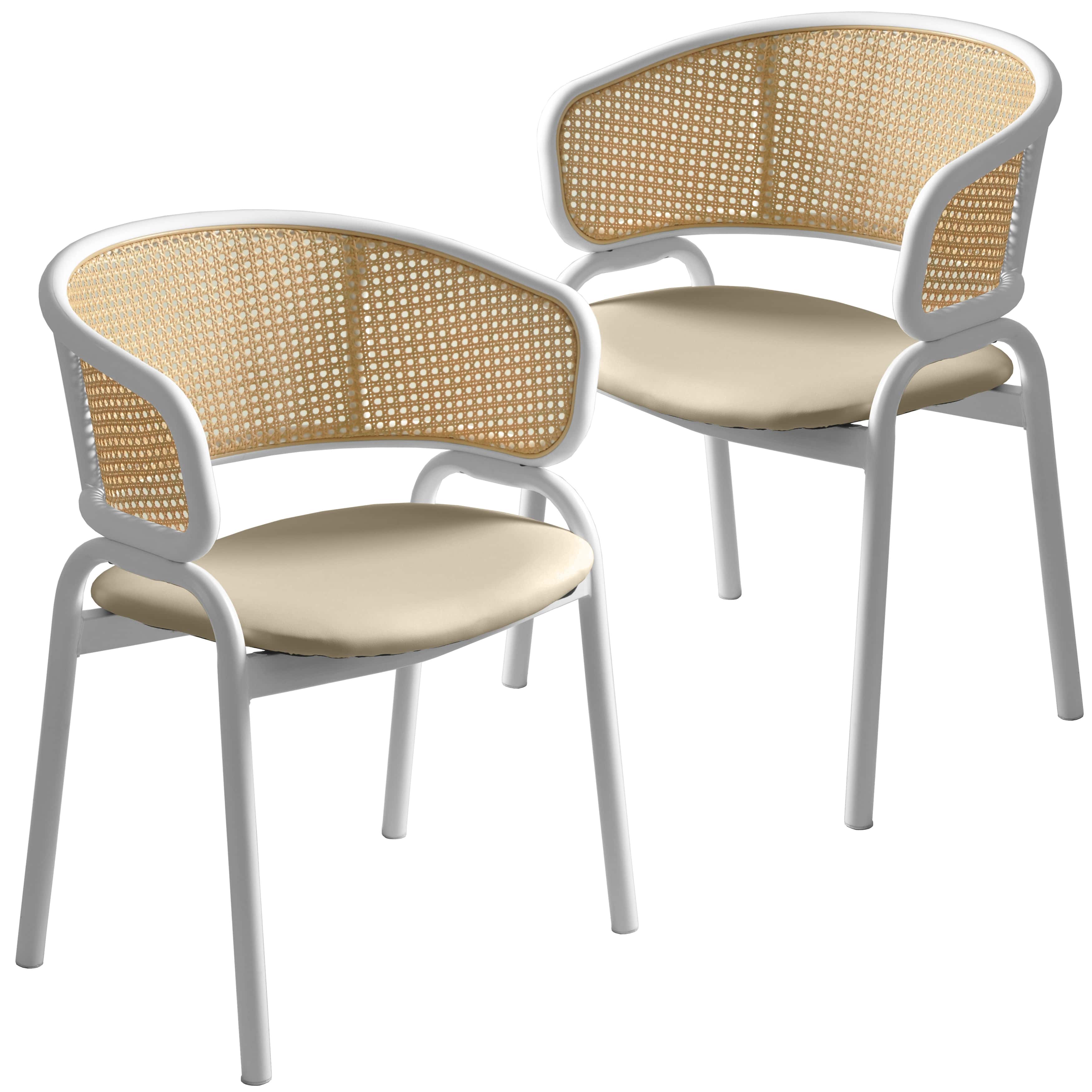 Front. LeisureMod - Ervilla 2-PCS Contemporary Leather Dining Chair - Ergonomic Rattan Back Kitchen Armchair with White Stainless Steel Legs - Taupe.