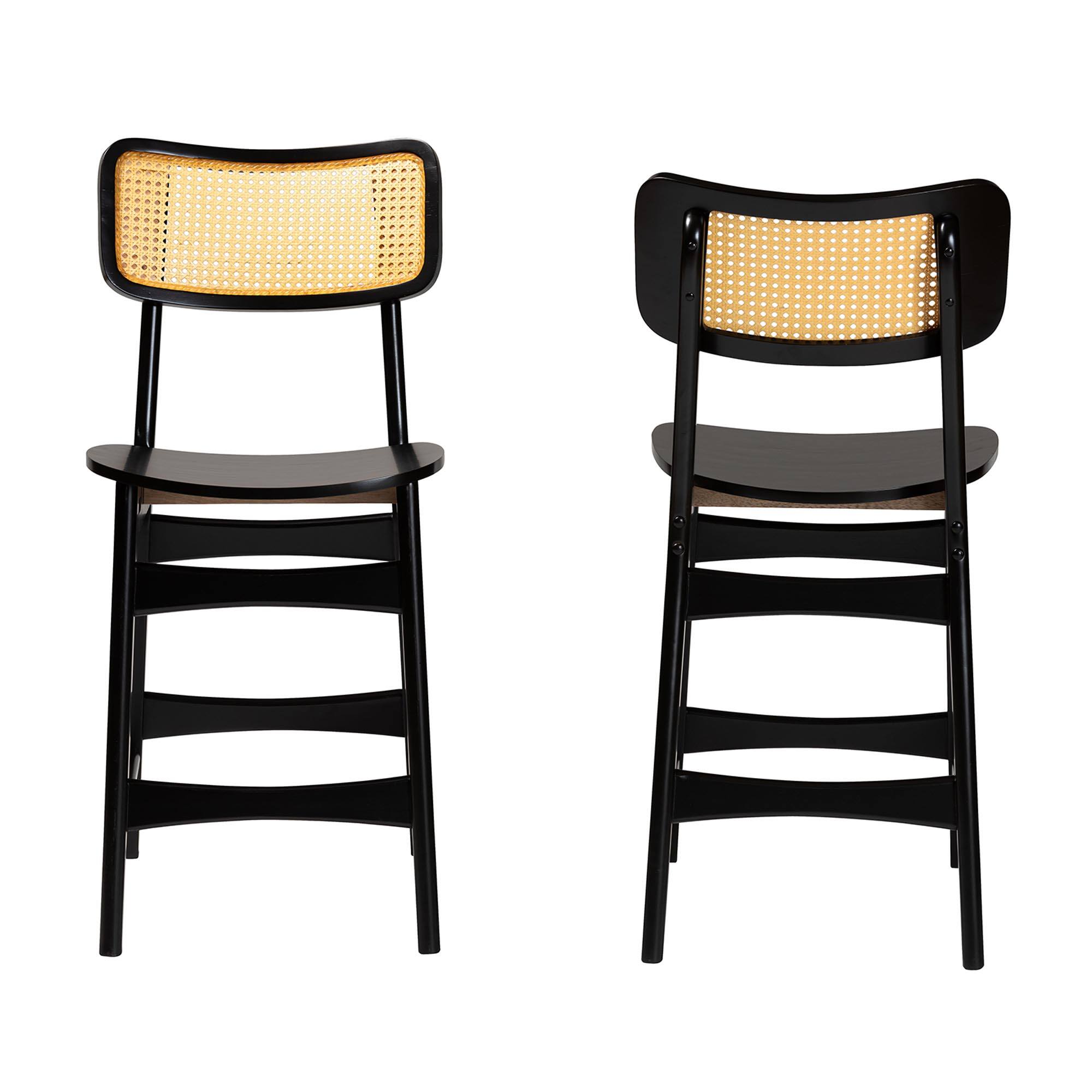 Angle. Baxton Studio - Tafari Mid-Century Modern Finished Wood and Rattan 2-Piece Counter Stool Set - Dark Brown/Light Brown.