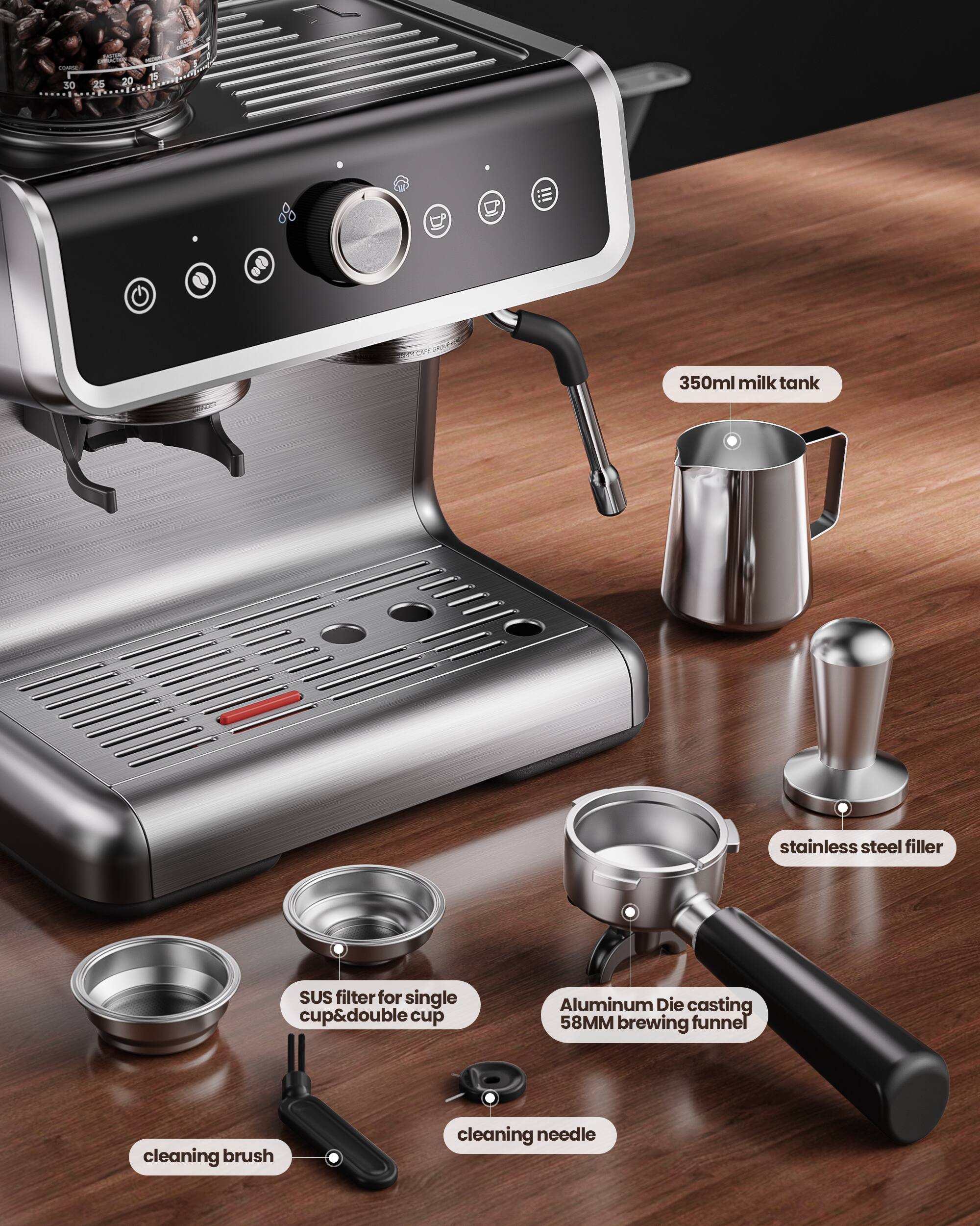 350ml milk tank  
stainless steel filler  
SUS filter for single cup & double cup  
Aluminum Die casting 58MM brewing funnel  
cleaning brush  
cleaning needle