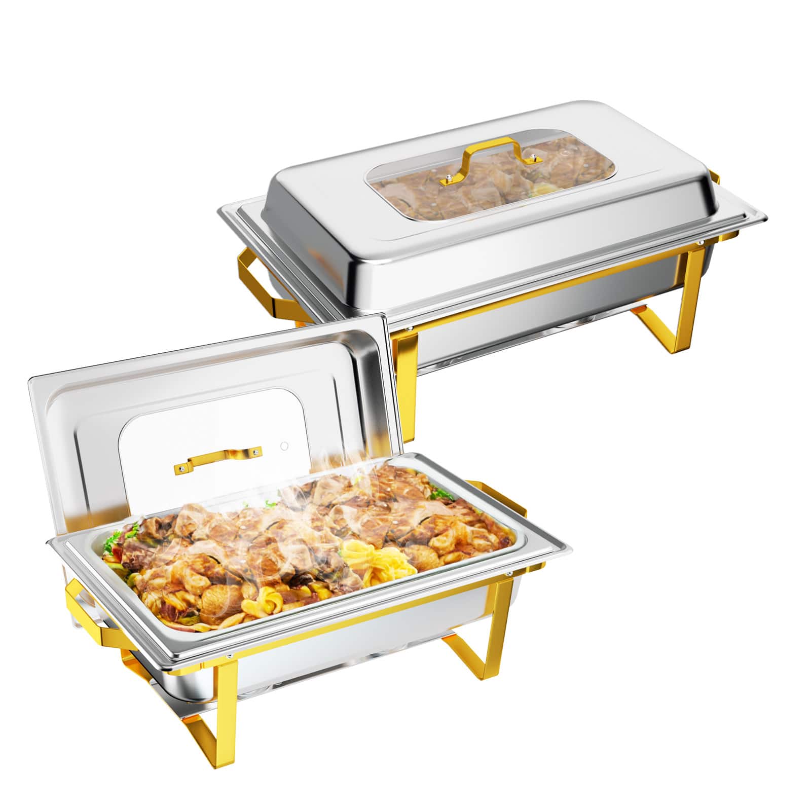Winado - 2 PCS 9QT Chafing Dish Stainless Steel Buffet Servers & Warmers with Glass Lid, Food Pan, Fuel Holder for Party Banquets - Gold & Silver
