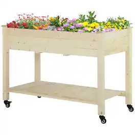 Outsunny - Garden Bed, 47" x 22" x 33", Elevated Wooden Planter Box w/ Lockable Wheels, Storage Shelf, and Bed Liner for Backyard - Natural