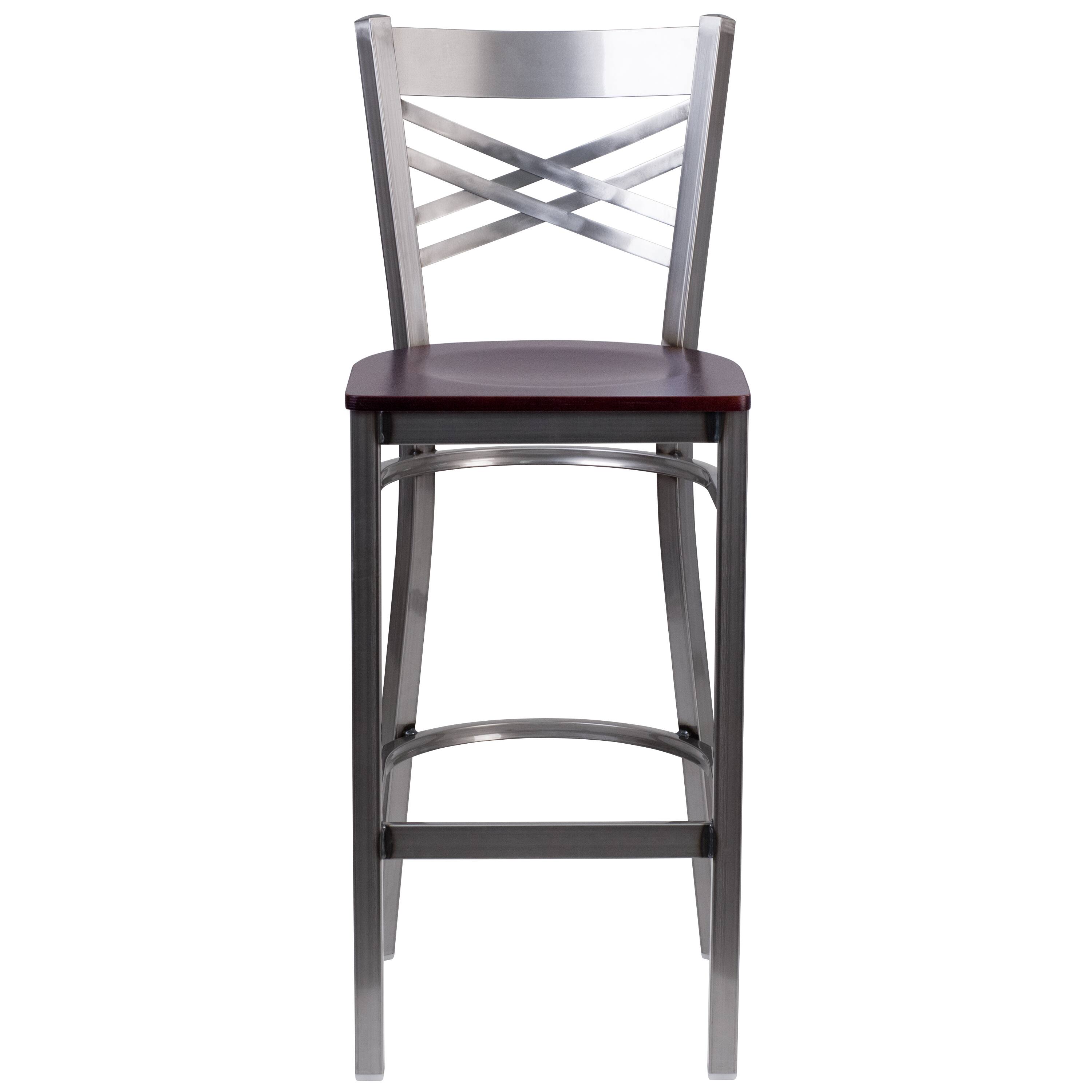 Alt View 5. Emma + Oliver - Clear Coated "X" Back Metal Restaurant Dining Barstool - Mahogany Wood Seat/Clear Coated Metal Frame.