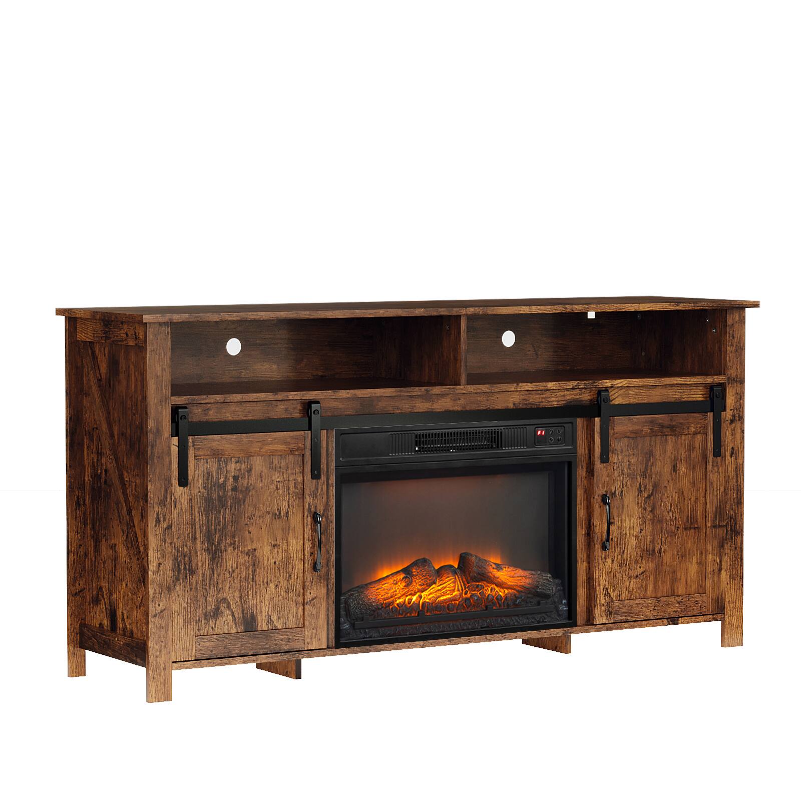 Alt View 6. Chateau Abodes - 58" Fireplace TV Stand with 23" Insert, Brown Barn Door Top & Sliding Track - Weathered.
