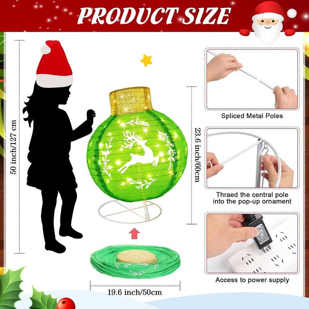 **PRODUCT SIZE**

- **50 inch/127 cm**
- **23.6 inch/60 cm**
- **19.6 inch/50 cm**

**Instructions:**

1. **Spliced Metal Poles**
2. **Thraed the central pole into the pop-up ornament**
3. **Access to power supply**