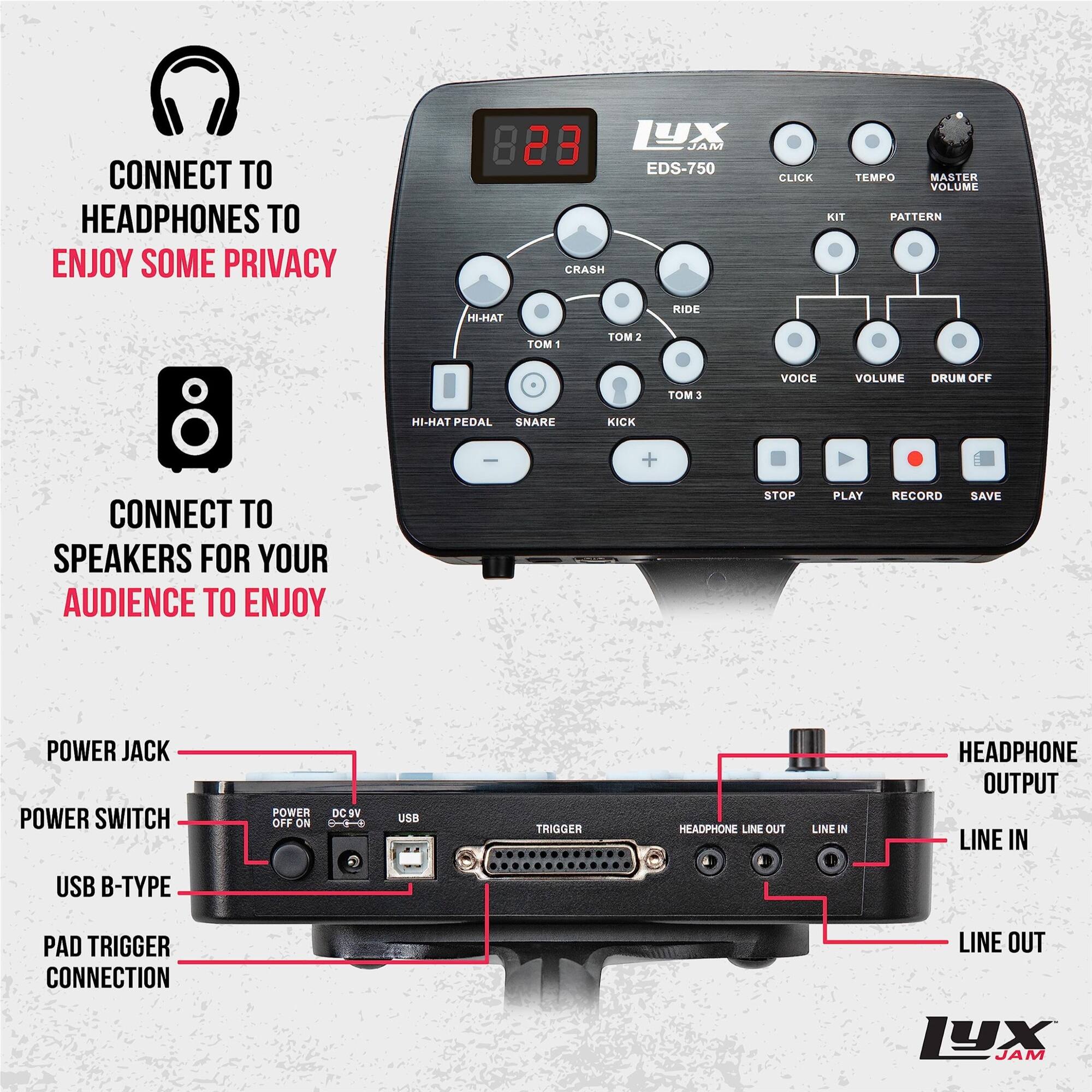 CONNECT TO HEADPHONES TO ENJOY SOME PRIVACY CONNECT TO SPEAKERS FOR YOUR AUDIENCE TO ENJOY STOP PLAY RECORD SAVE POWER JACK POWER SWITCH POWER DC BV OFF ON USB TRIGGER HEADPHONE LINE OUT LINE IN HEADPHONE OUTPUT LINE IN USB B-TYPE PAD TRIGGER CONNECTION LINE OUT 1YX JAM