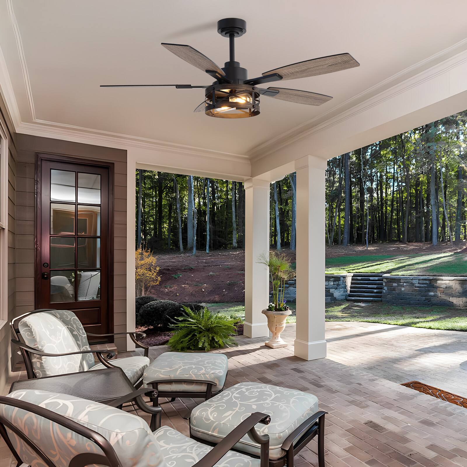 Back. Siljoy - 52-in Rustic Cage Ceiling Fan with Walnut or Black Color Blades Ceiling Fan With Light - Remote Included ( 5-Blade ) - Black and Gold Accents.