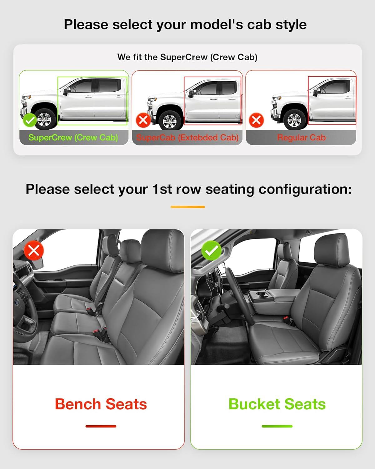 Please select your model's cab style

We fit the SuperCrew (Crew Cab)

SuperCrew (Crew Cab)
X SuperCab (Extended Cab)
X Regular Cab

Please select your 1st row seating configuration:

X Bench Seats
Bucket Seats