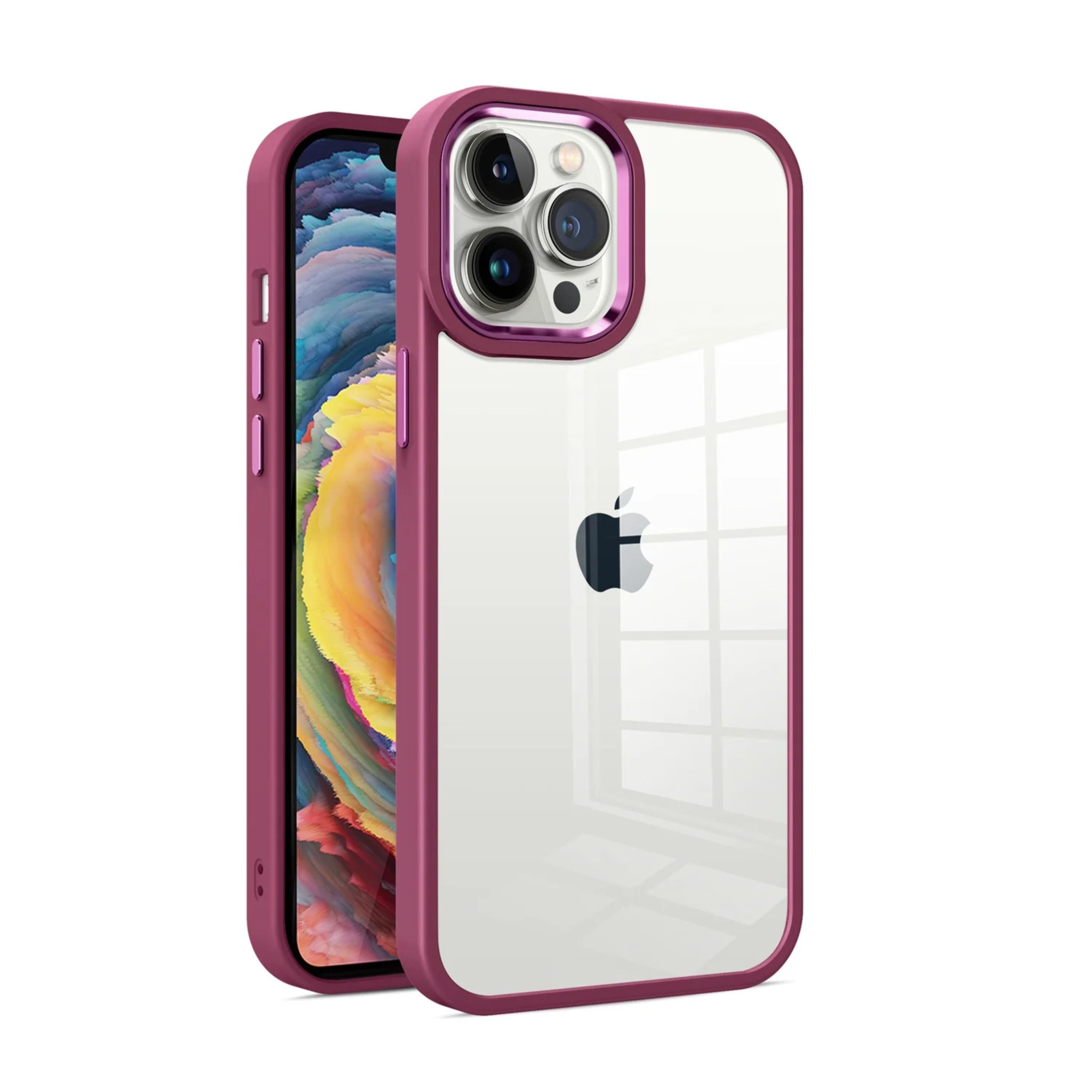 Kitcheniva - Transparent Metallic Buttons Raised Camera Phone Case With 2 Pcs Screen Protectors For iPhone 15 Pro Max - Burgundy