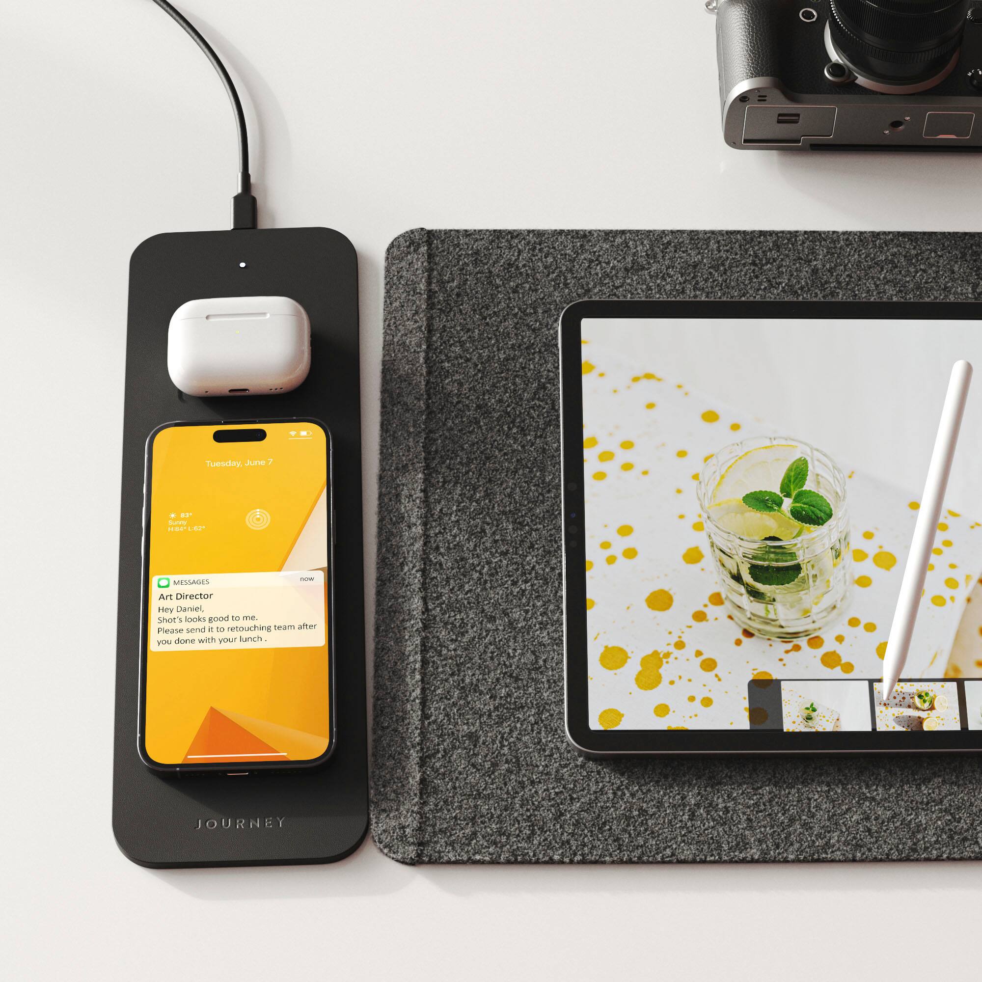 Tuesday Ju 1 + a. - EMI* /o MESIAGES Art Director FHY Dhaniel, it looks good as me. send n. retouching eaT afber Piease done with VOu unch po JOURNEY.