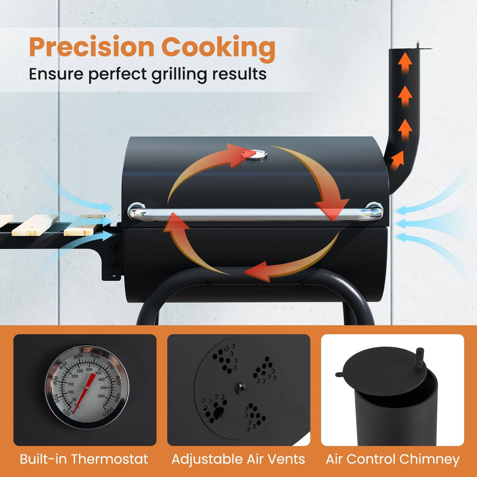 Precision Cooking  
Ensure perfect grilling results  

Built-in Thermostat  
Adjustable Air Vents  
Air Control Chimney