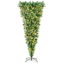 WELLFOR - 7.5FT Pre-lit Upside Down Christmas Tree, Snow‑Flocked Artificial Tree w/400 Warm White LED Lights - Green