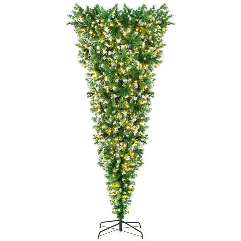 Front. WELLFOR - 7.5FT Pre-lit Upside Down Christmas Tree, Snow‑Flocked Artificial Tree w/400 Warm White LED Lights - Green.
