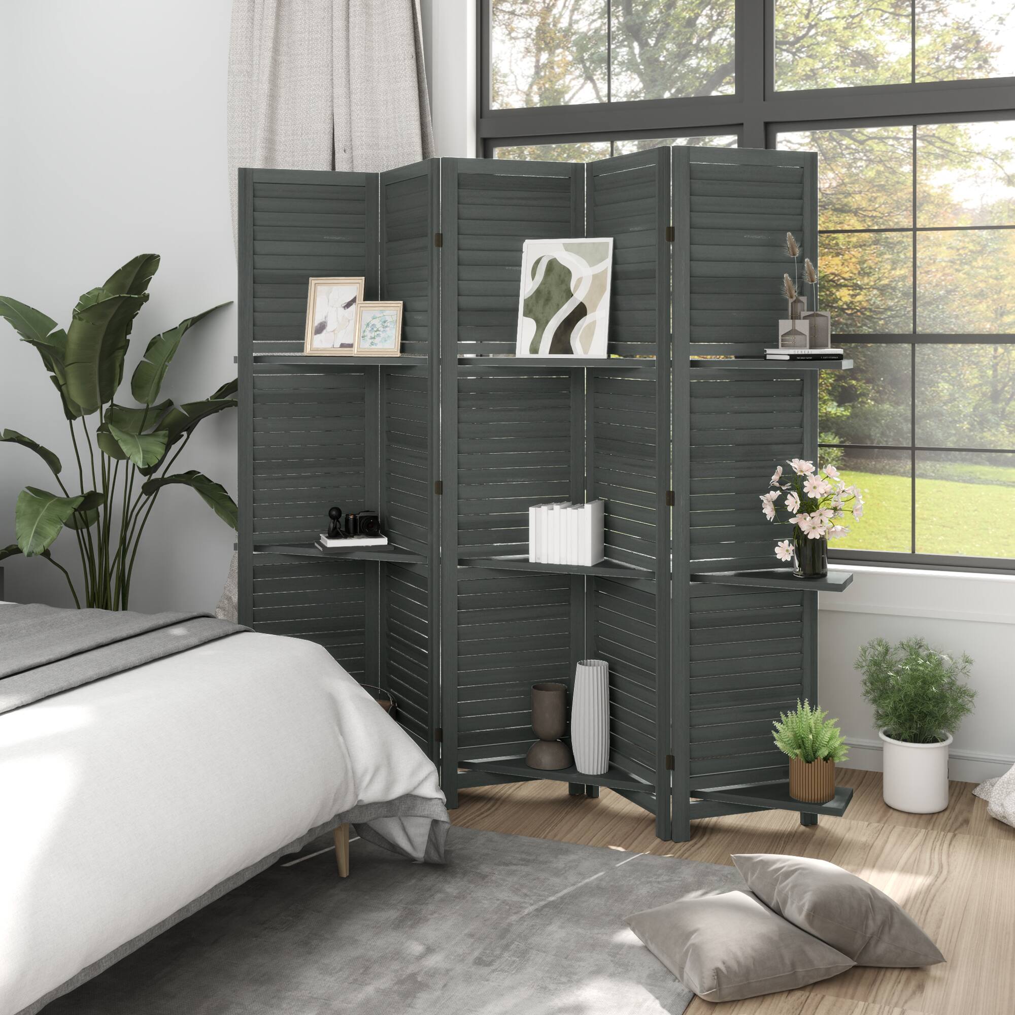 Alt View 7. Homcom - Room Divider, 5 Panel Wood Privacy Screen with Display Shelves and Folding Storage for Bedroom or Home Office - Gray.