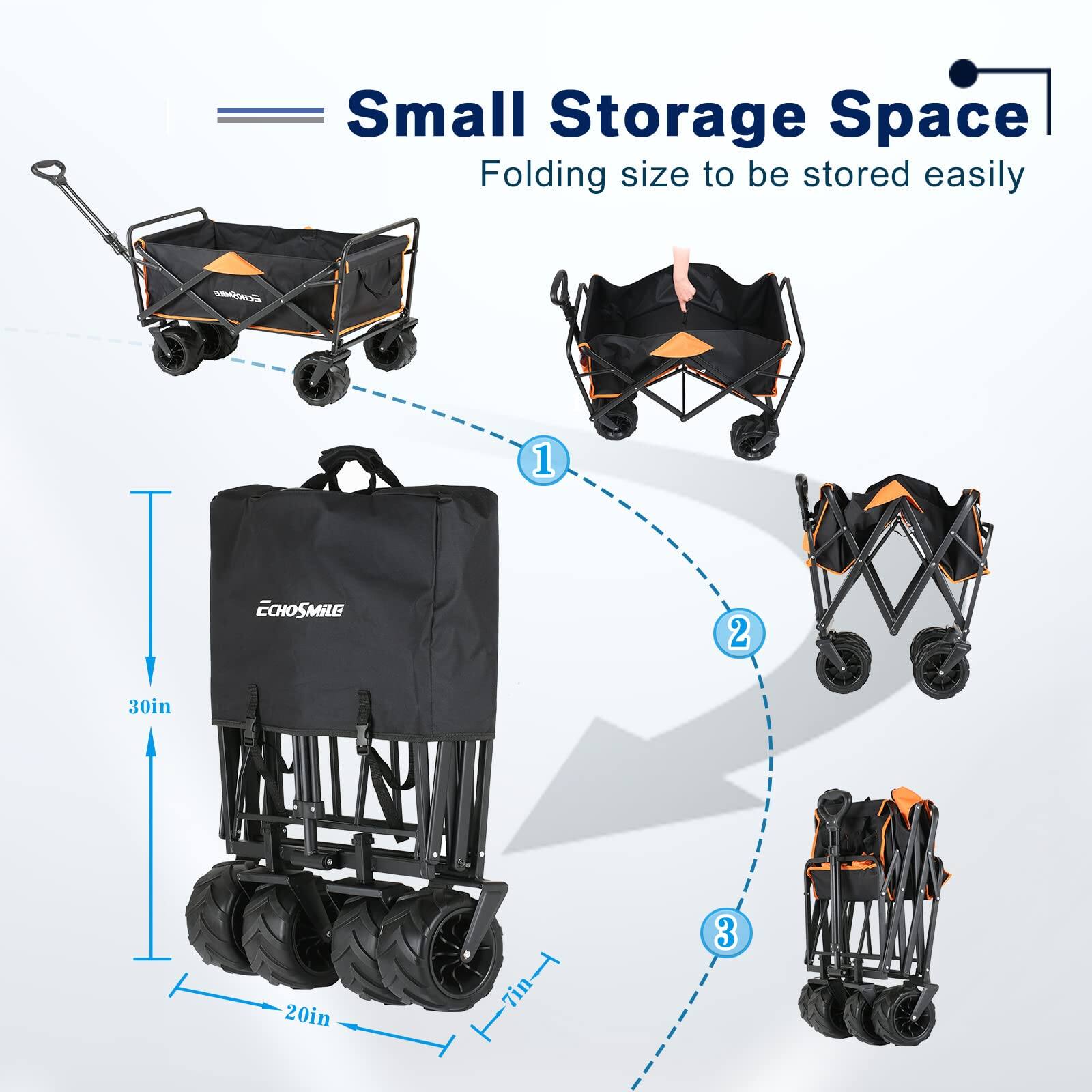 Small Storage Space: Folding size to be stored easily. 

1. 30in x 20in x 7in
2. 
3.
