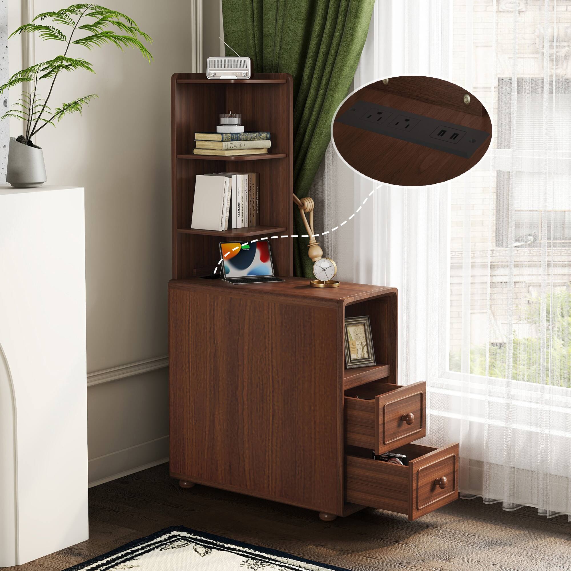 Alt View 2. Spaco - Spaco Nightstand 2 with Drawers and Open Shelves, Corner Table, Tall End Table for Small Spaces, Bedroom - Walnut.