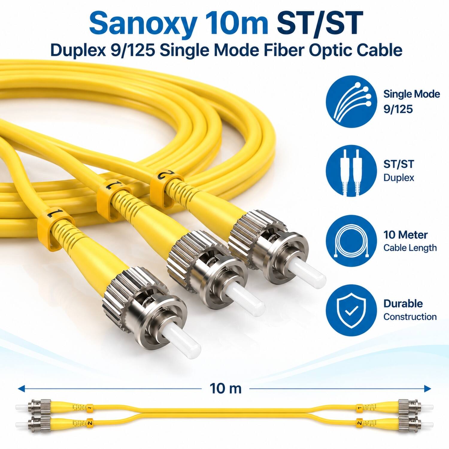 Sanoxy 10m ST/ST Duplex 9/125 Single Mode Fiber Optic Cable

- Single Mode 9/125
- ST/ST Duplex
- 10 Meter Cable Length
- Durable Construction