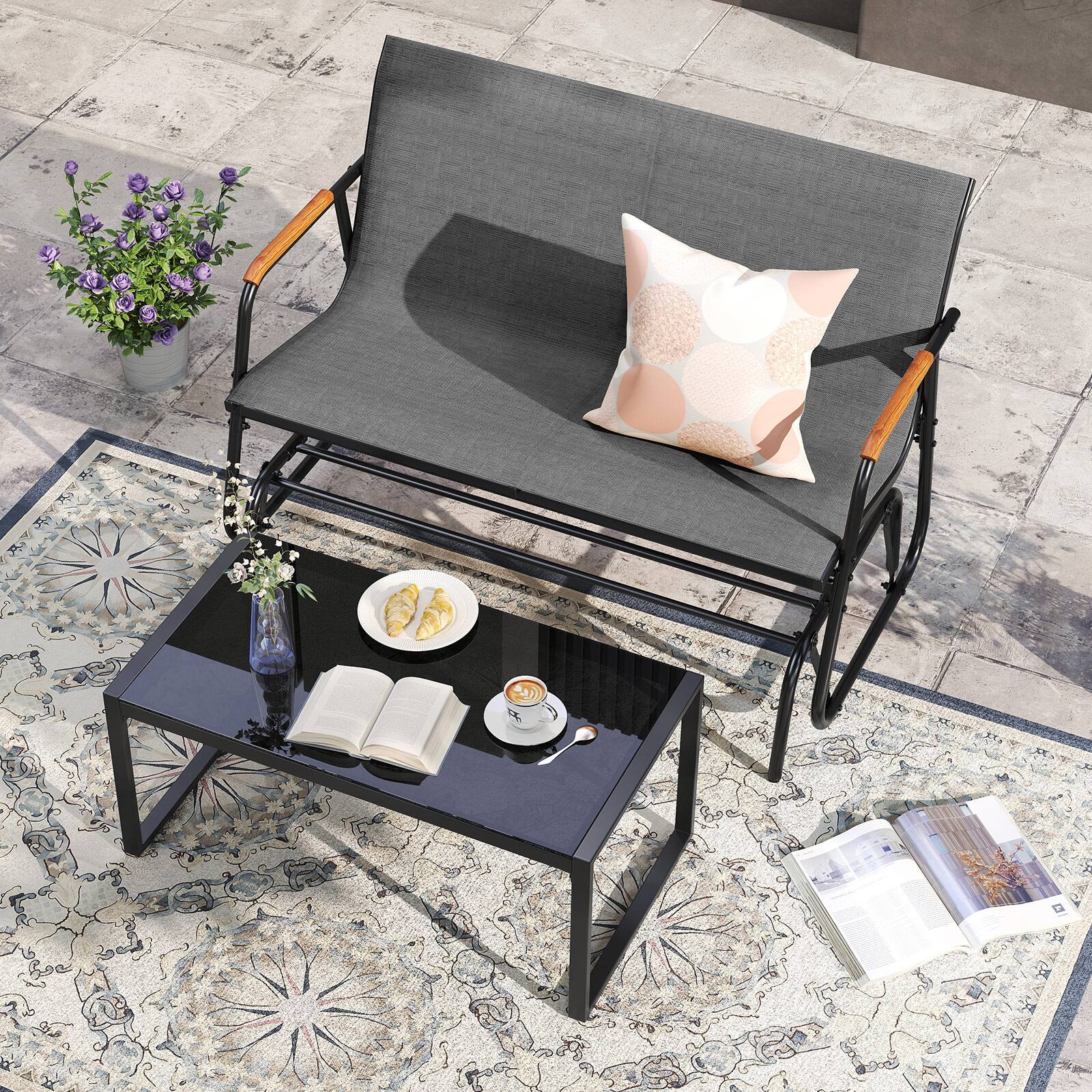 Alt View 4. Costway - Costway 2-Person Outdoor Glider Bench with Breathable Fabric Seat Curved Teak Wood Armrests - Gray.