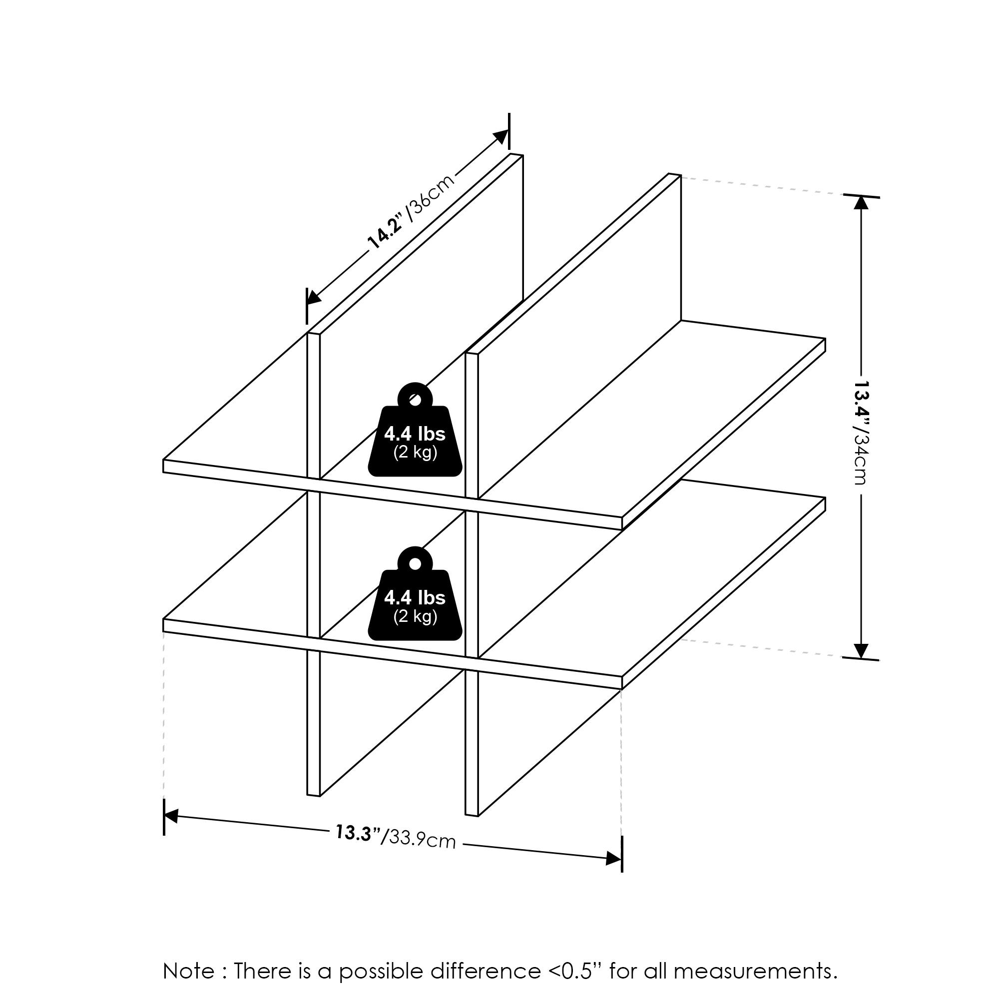 - 14.2" / 36cm
- 13.4" / 34cm
- 13.3" / 33.9cm
- 4.4 lbs (2 kg)
- Note: There is a possible difference <0.5" for all measurements.