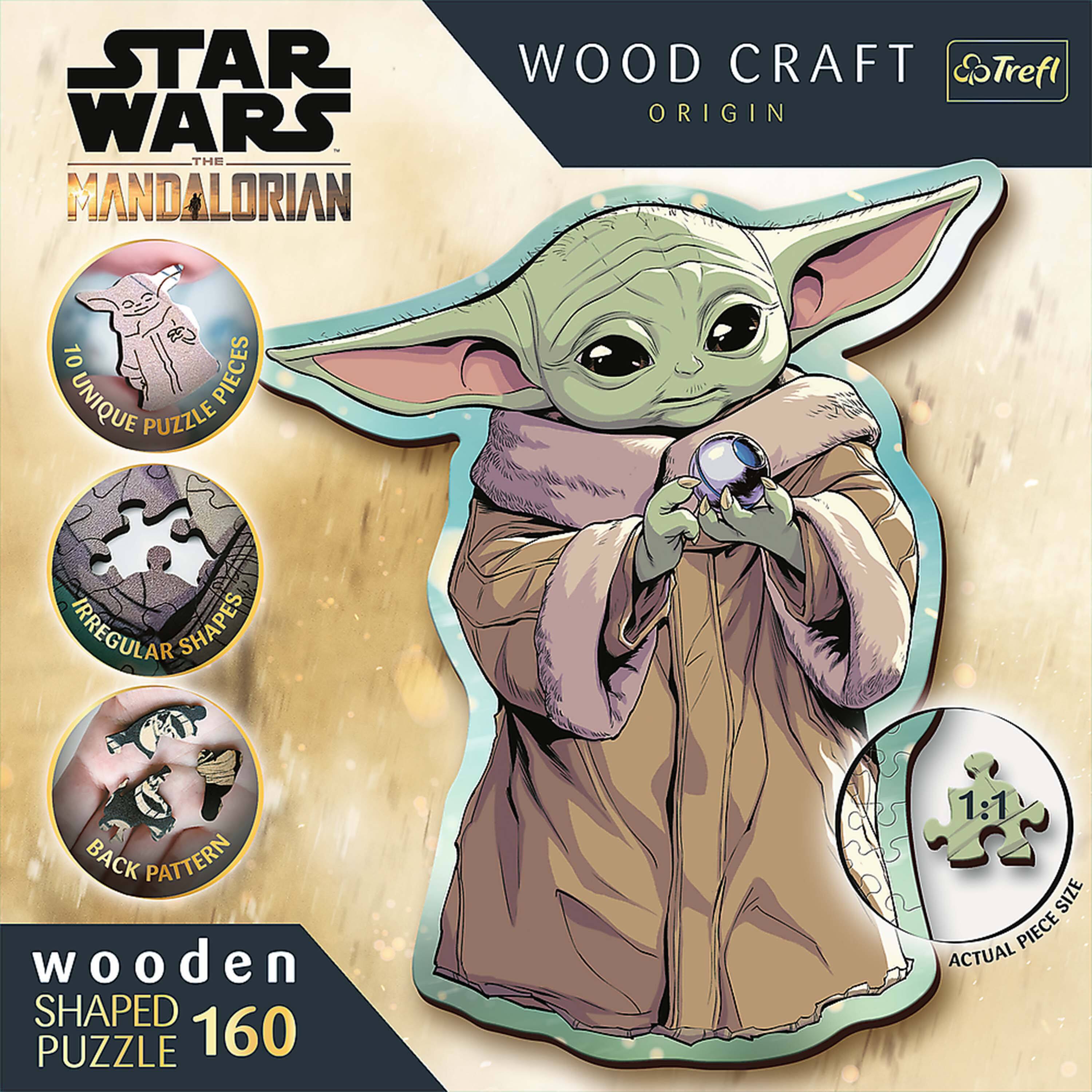 STAR WARS THE MANDALORIAN  
WOOD CRAFT ORIGIN  
Trefl  
10 PIECES UNIQUE PUZZLE IRREGULAR SHAPES  
BACK PATTERN wooden SHAPED PUZZLE 160  
1:1 SIZE ACTUAL PIECE