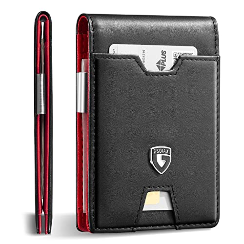Vulpecula Spade - Men's Slim RFID Blocking Leather Wallet with Money Clip Minimalist Carbon Fiber Bifold Credit Card Holder 11 Card Slots - Leather red