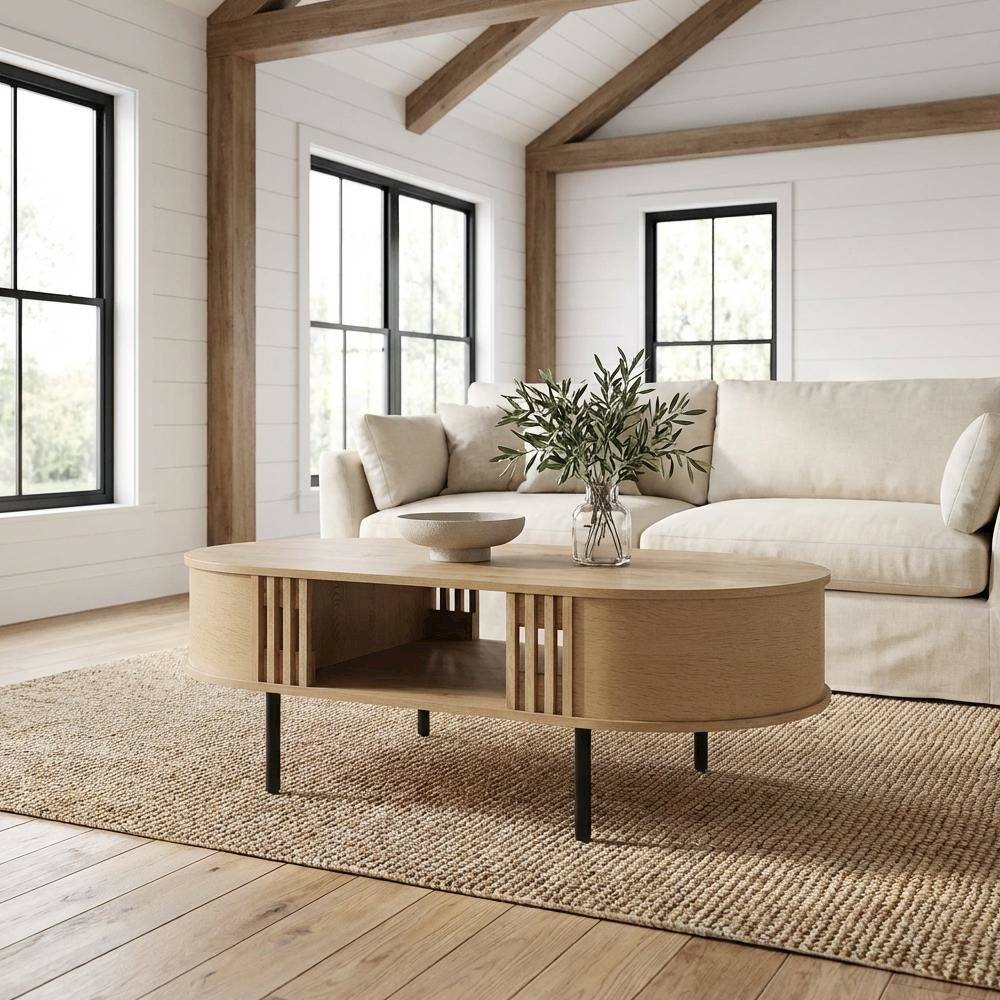 Angle. FurniFact - Earth-toned Oval Wood Coffee Table with Cam Bolt and Metal Accents - Brown.