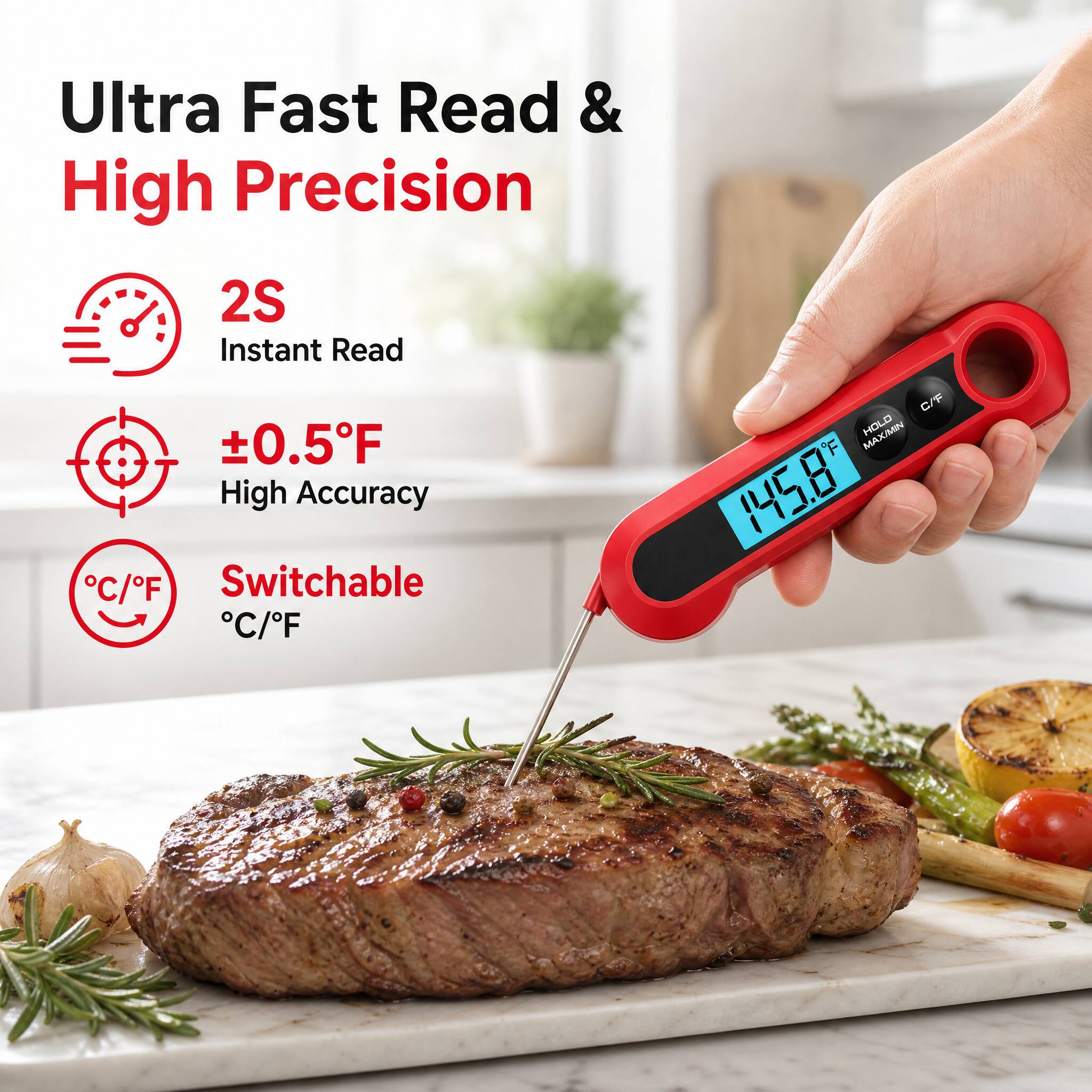 Ultra Fast Read & High Precision  
2S Instant Read  
±0.5°F High Accuracy  
Switchable °C/°F
