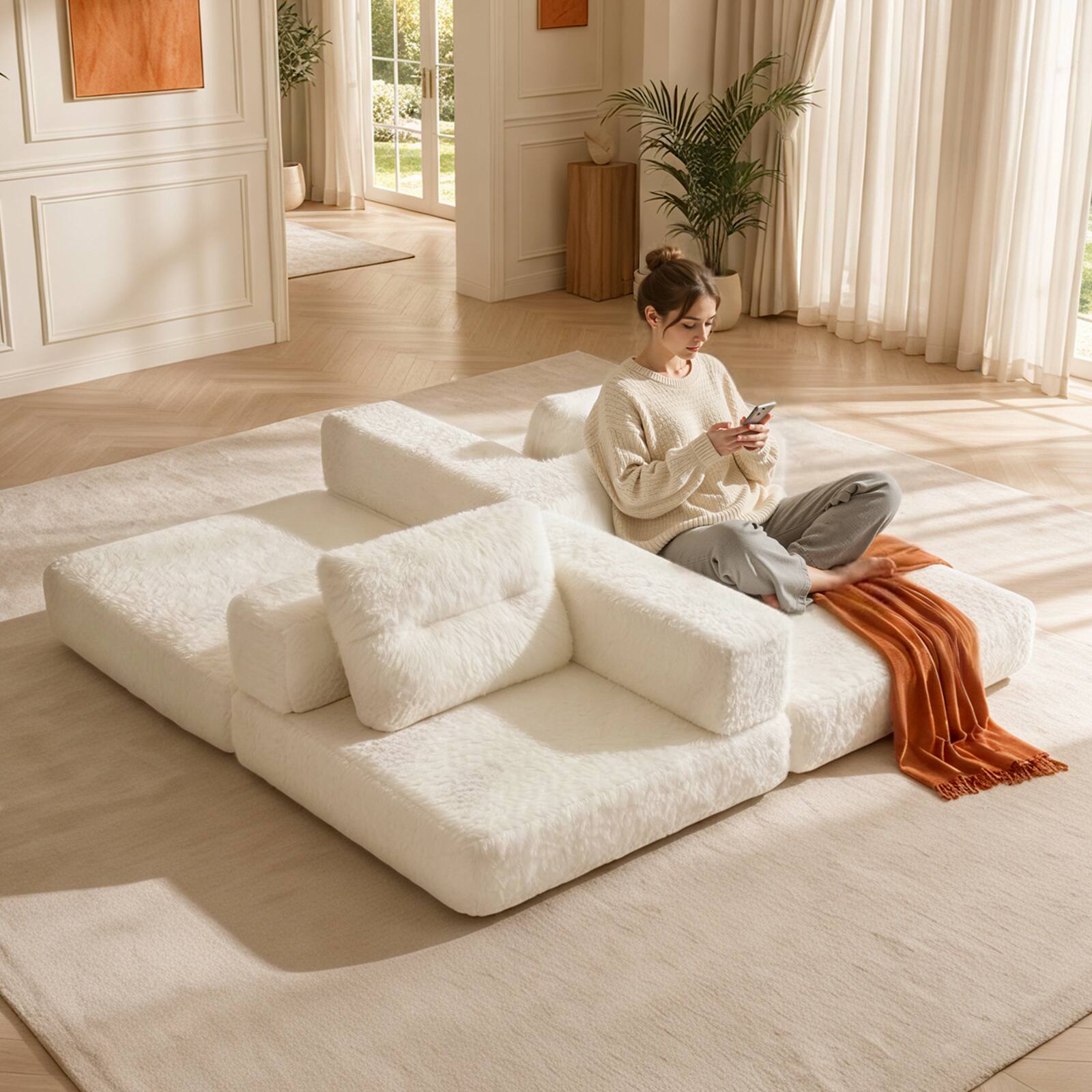 Alt View 5. Pinmoco - 81.5'' Modular Sectional Sleeper Sofa Bed, Convertible L Shaped Couch with Pillows and Storage - White.