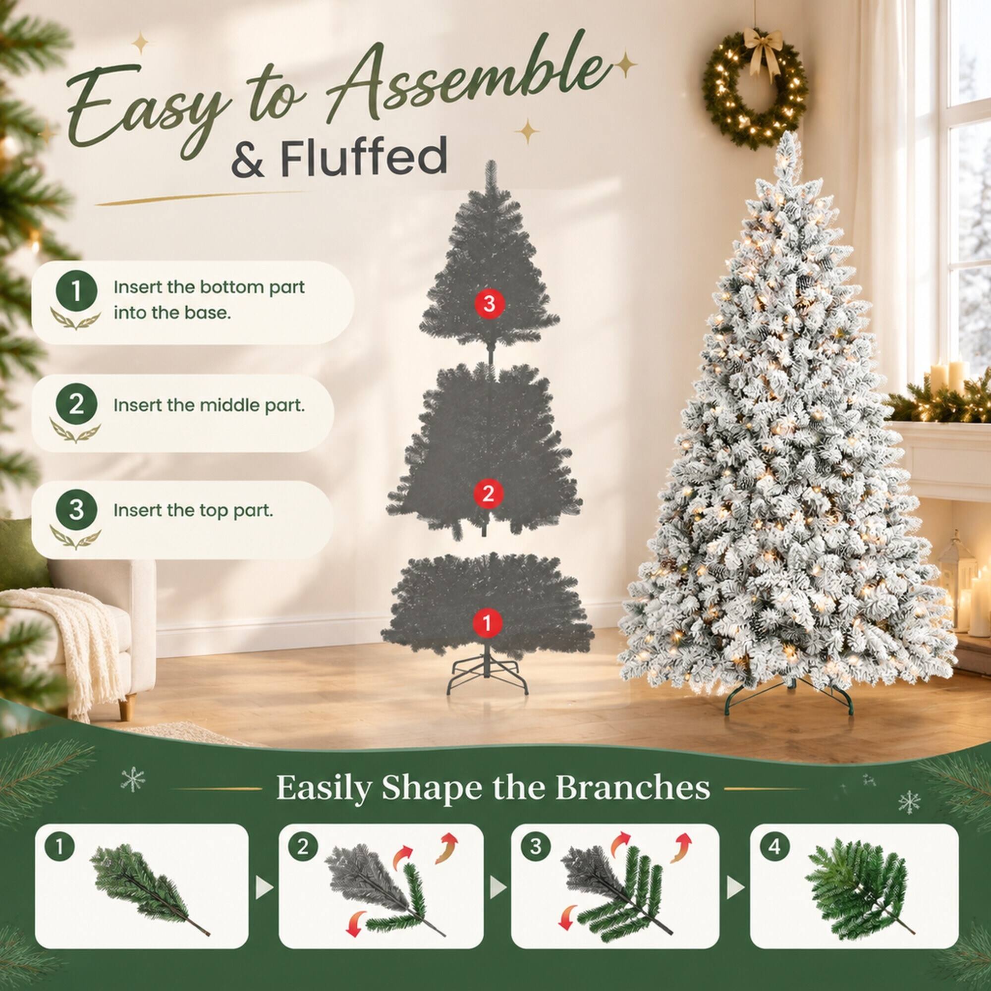 Easy to Assemble & Fluffed

1. Insert the bottom part into the base.
2. Insert the middle part.
3. Insert the top part.

Easily Shape the Branches

1. 
2. 
3. 
4.