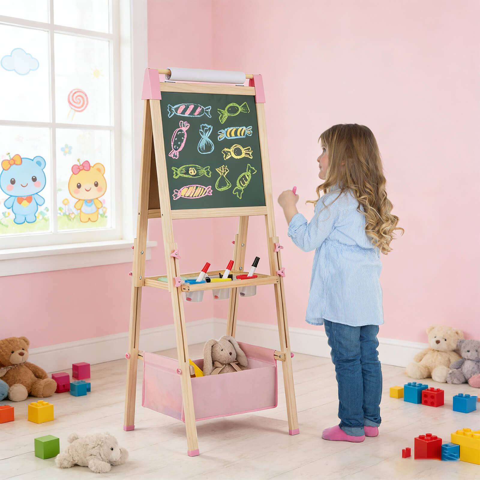 Alt View 1. Costway - Costway 3-in-1 Kids Art Easel Double-Sided Wooden Adjustable Magnetic Drawing Board - Pink.