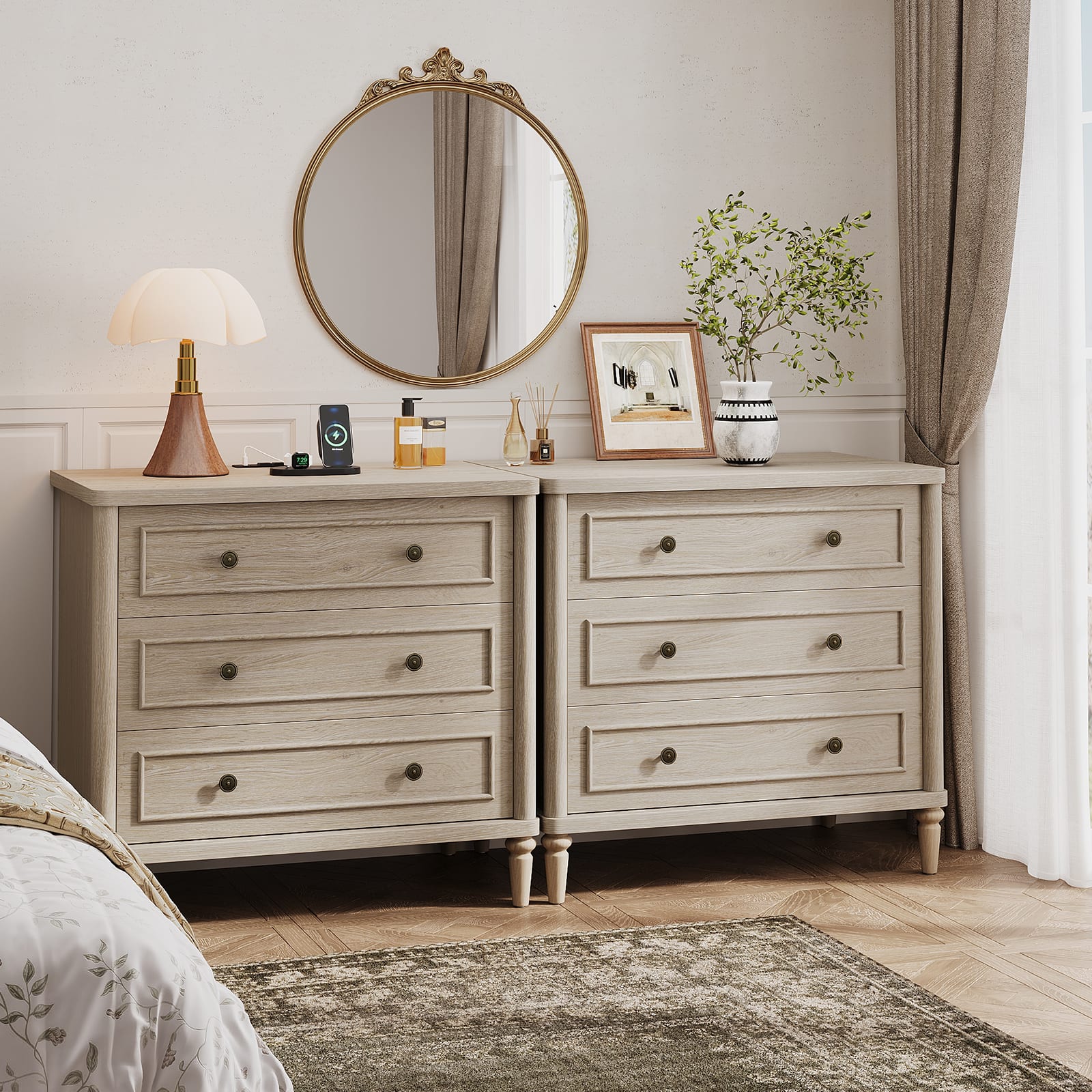 Bestier 3 Drawer Farmhouse Nightstand, Mid Century Fluted Bedside