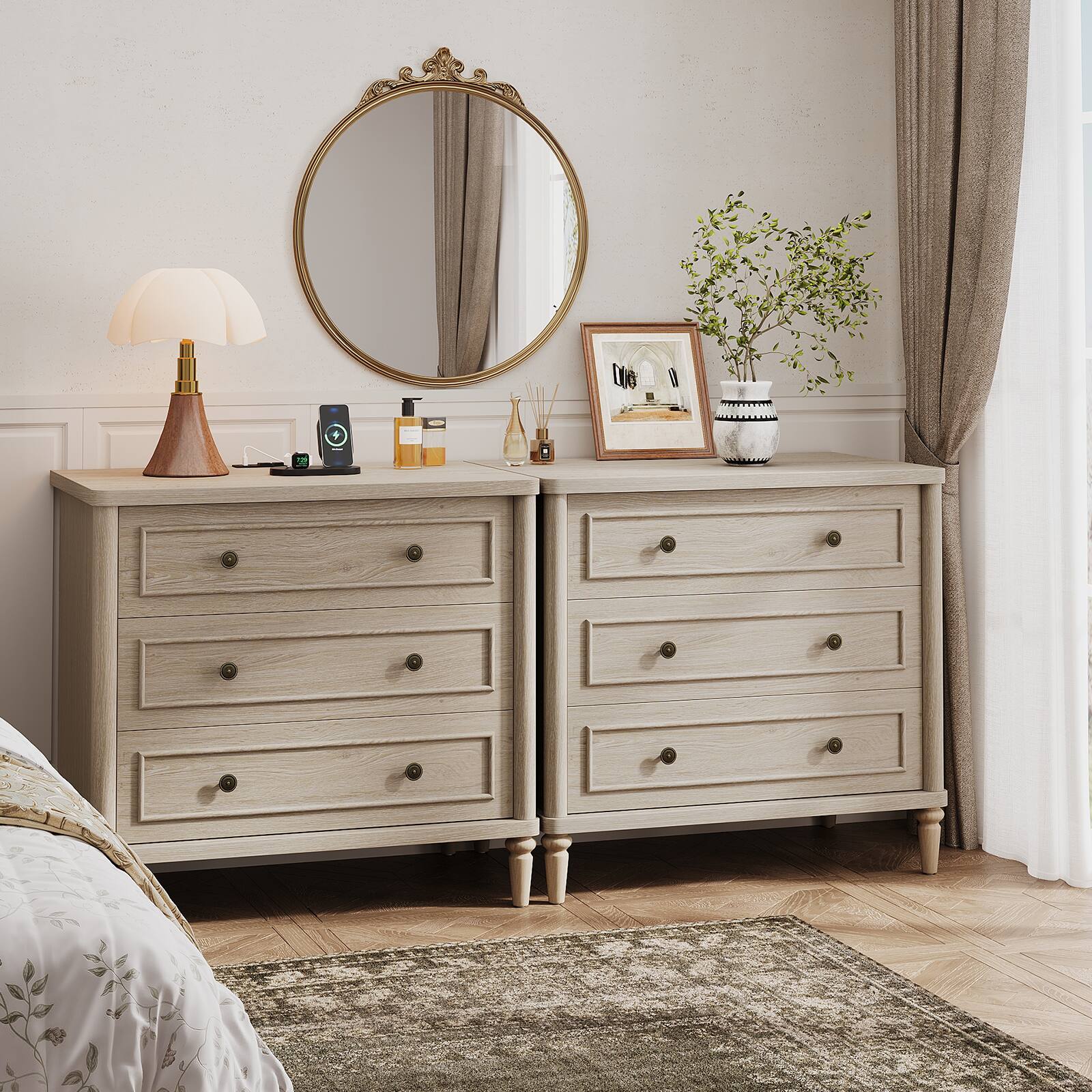 Back. Bestier - 3 Drawer Farmhouse Nightstand Set of 2 , Mid-Century Fluted Bedside Table with Charging Station - Sunlit Oak.