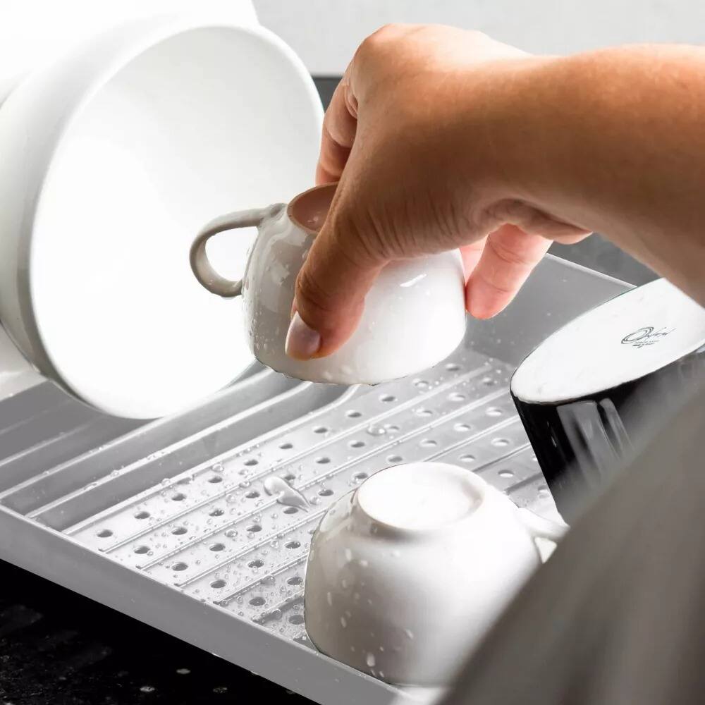 Alt View 1. OU - OU Dish Drying Rack, Freestanding Polypropylene Dish Drying Rack with Utensil Holder - 16" x 8" - White - White.