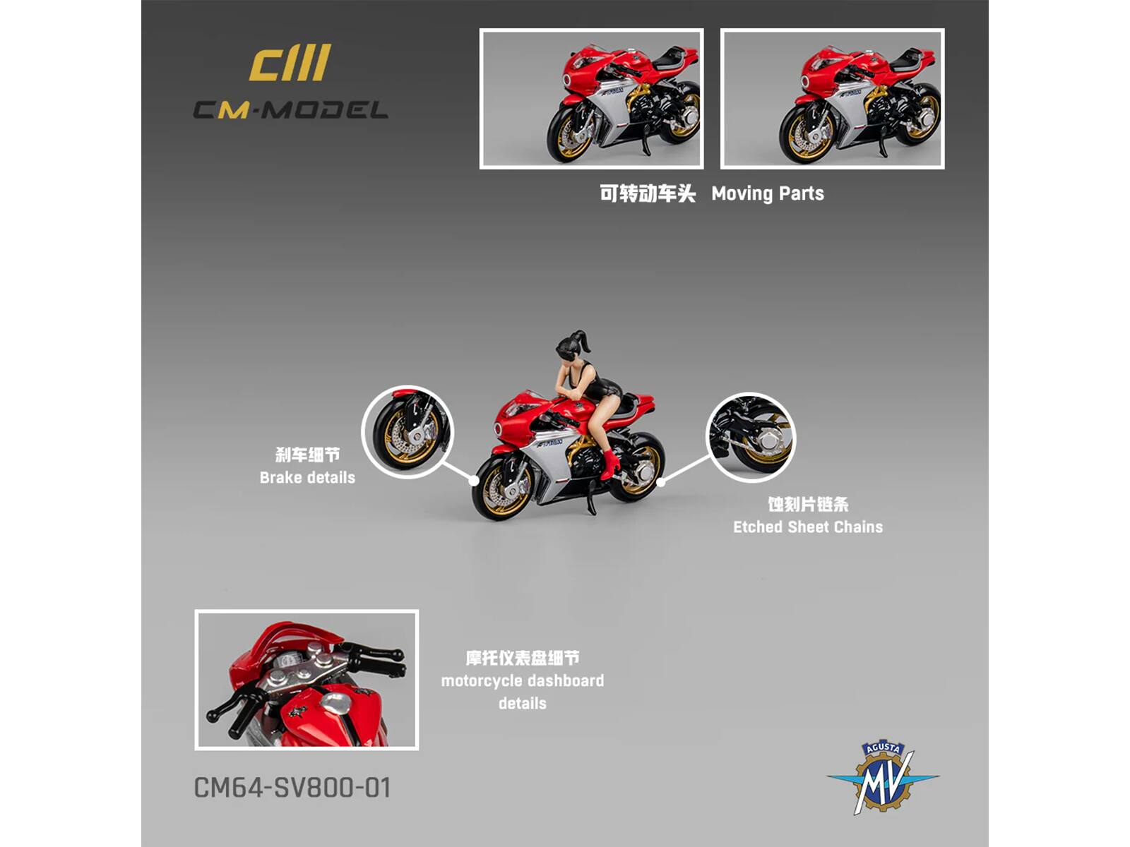 CM-MODEL  
CM64-SV800-01  

Moving Parts  
可转动车头  

Brake details  
刹车细节  

Etched Sheet Chains  
蚀刻片链条  

motorcycle dashboard details  
摩托仪表盘细节  

AGUSTA MV